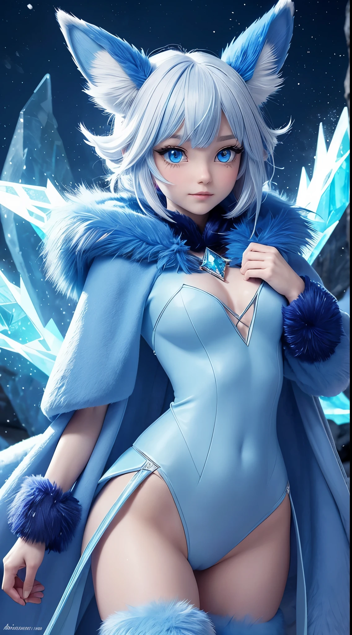 masterpiece, best quality, HD, ultra-detailed, vivid colors, Pokemon Glaceon, furry, humanoid, anthropomorphic, on 2 legs, beautiful detailed eyes, frozen environment, icy blue color palette, ((crystal-like skin with fur)), long fluffy tail and ears, beautiful bangs of hair, curly strands of hair, short hair, ice cloth with mantle, fur coat, fur collar, snowflakes floating around, powerful ice powers, subtle light blue lighting, dramatic pose, on a snowy mountain peak, aurora borealis in the sky, magical atmosphere