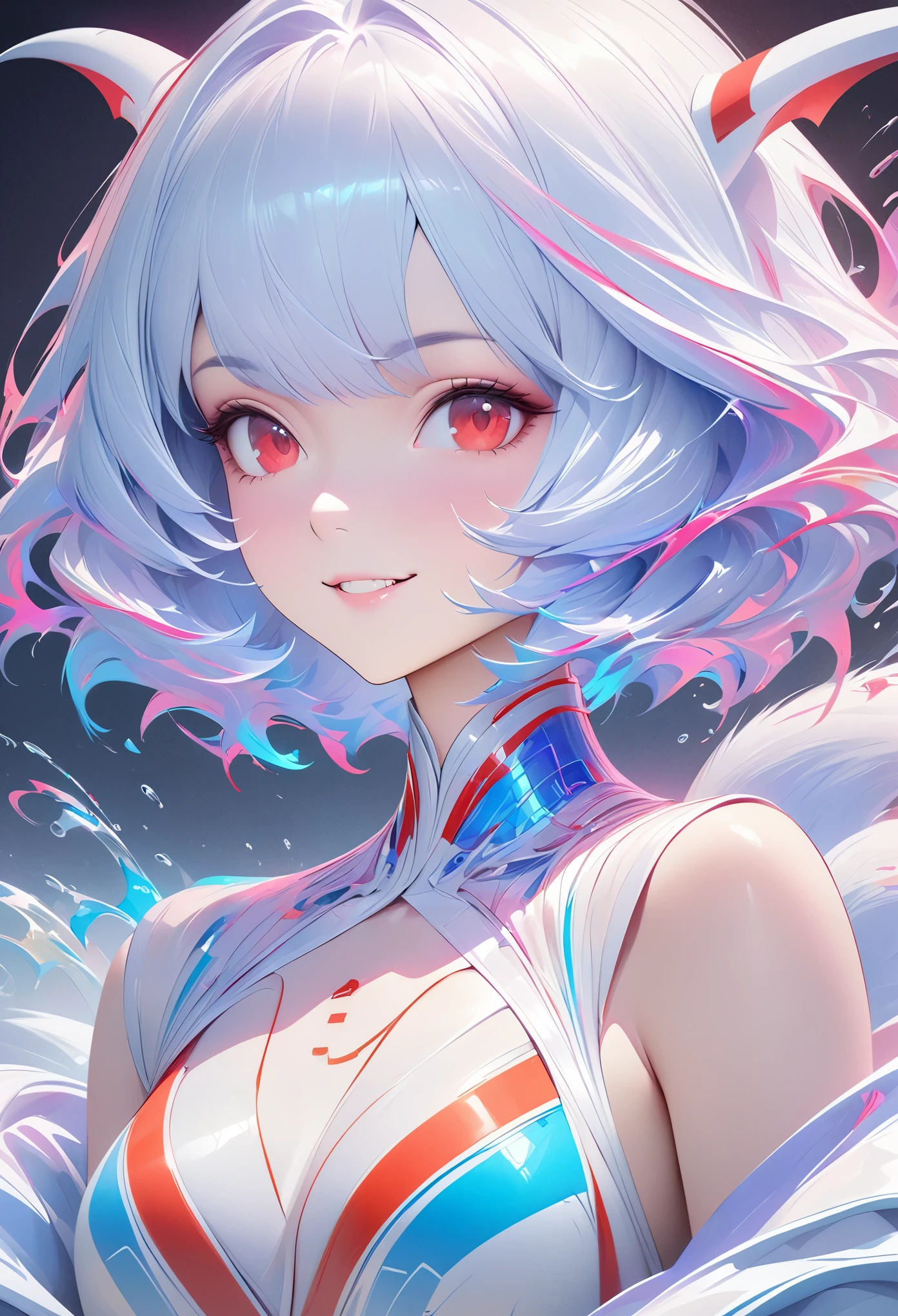 retrato obra maestra de la sonriente Rei Ayanami (Demonio zorro), cola de zorro， Cáusticos, ilustración de alta resolución, ojos rojos, femenino, No hay estudiantes, pelo azul,  cabello corto,  Ilustración de sombra plana, El arte de las matemáticas., Temas populares en ArtStation, Muy detallado, finos detalles, complejo, Chapoteo, trascender, Autopartes, Color neon