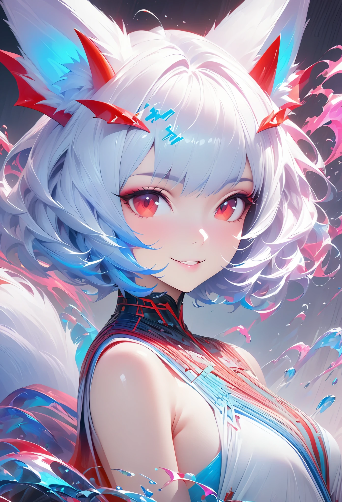 retrato obra maestra de la sonriente Rei Ayanami (Demonio zorro), cola de zorro， Cáusticos, ilustración de alta resolución, ojos rojos, femenino, No hay estudiantes, pelo azul,  cabello corto,  Ilustración de sombra plana, El arte de las matemáticas., Temas populares en ArtStation, Muy detallado, finos detalles, complejo, Chapoteo, trascender, Autopartes, Color neon