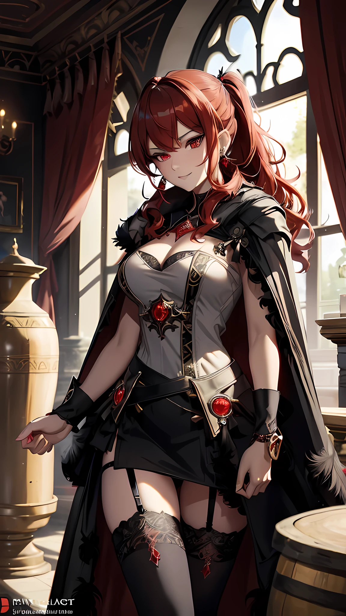 (masterpiece), best quality, expressive eyes, perfect face,red hair,wavy ponytail,cleavage,big breasts,((red and black ornate ballgown:1.3)),(garter belt),(black stockings),(black fur cloak:1.4),(thigh gap 1.5),bracelet,smiles,winery,barrels,fantasy background,studio lighting,standing,cowboy shot,looking at viewer, eyeshadows, eye liner,glistening eyes, hyper detailed eyes, intricate eyes, beautiful eye,((glowing red eyes)),standing,seductive pose,bangles,earrings