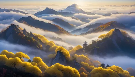 Mountains shrouded in fog and low clouds々and mountains in the distance,sunrise，mystery, A ginkgo tree with yellow leaves in the ...