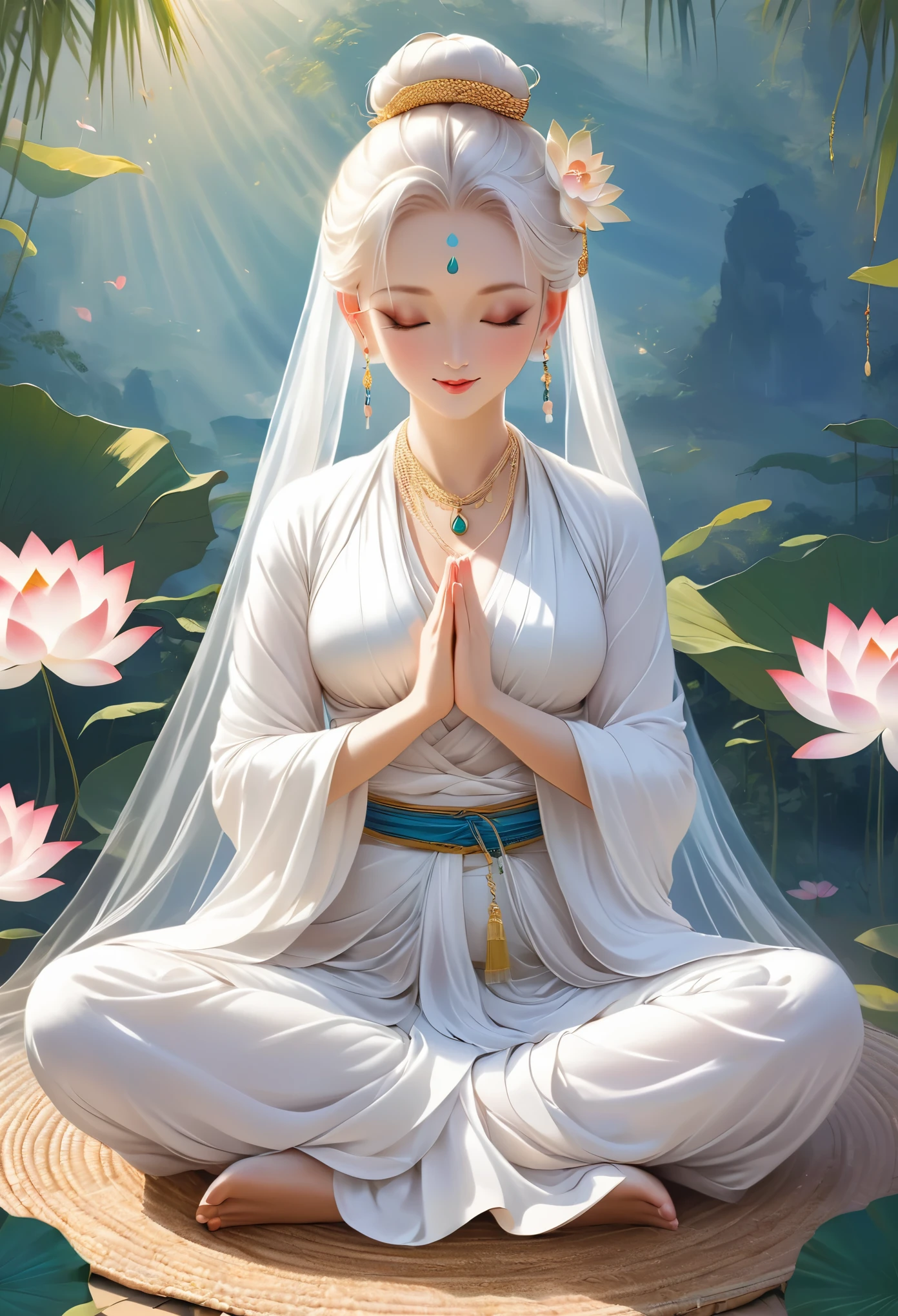 (1 female Bodhisattva:1.4) sitting on Round straw mat, (indian style:1.3), sitting in straw mat, (Round straw mat:1.3), (Meditation position:1.3), (Raise hands, crossed hands, Prayer position:1.3), dignified and beautiful, wearing (white silk Buddha clothes:1.3), (white silk:1.3),has (white hair:1.2), (bun:1.2), french braid,white transparent veil, futon, closed eyes, jewelry, necklace, (Buddha beads:1.2), (White cloth shoes), White socks, (eromanga:1.2), (megami:1.2)（（（veil）））