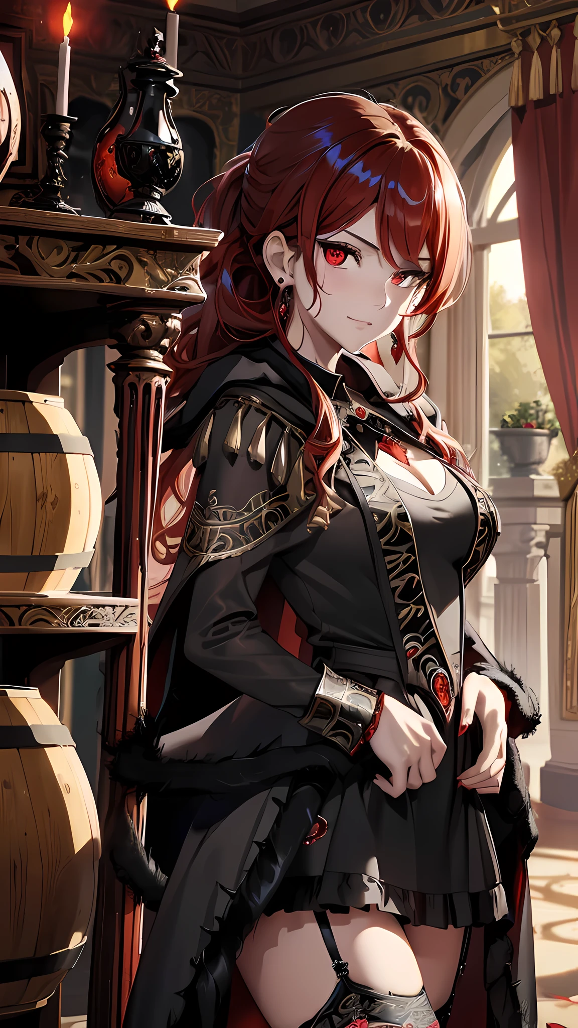 (masterpiece), best quality, expressive eyes, perfect face,red hair,wavy ponytail,cleavage,big breasts,((red and black ornate ballgown:1.5)),(garter belt),(black stockings),(black fur cloak:1.4),(thigh gap 1.5),bracelet,smiles,winery,barrels,fantasy background,studio lighting,standing,cowboy shot,looking at viewer, eyeshadows, eye liner,glistening eyes, hyper detailed eyes, intricate eyes, beautiful eye,((glowing red eyes)),standing,seductive pose,bangles,earrings