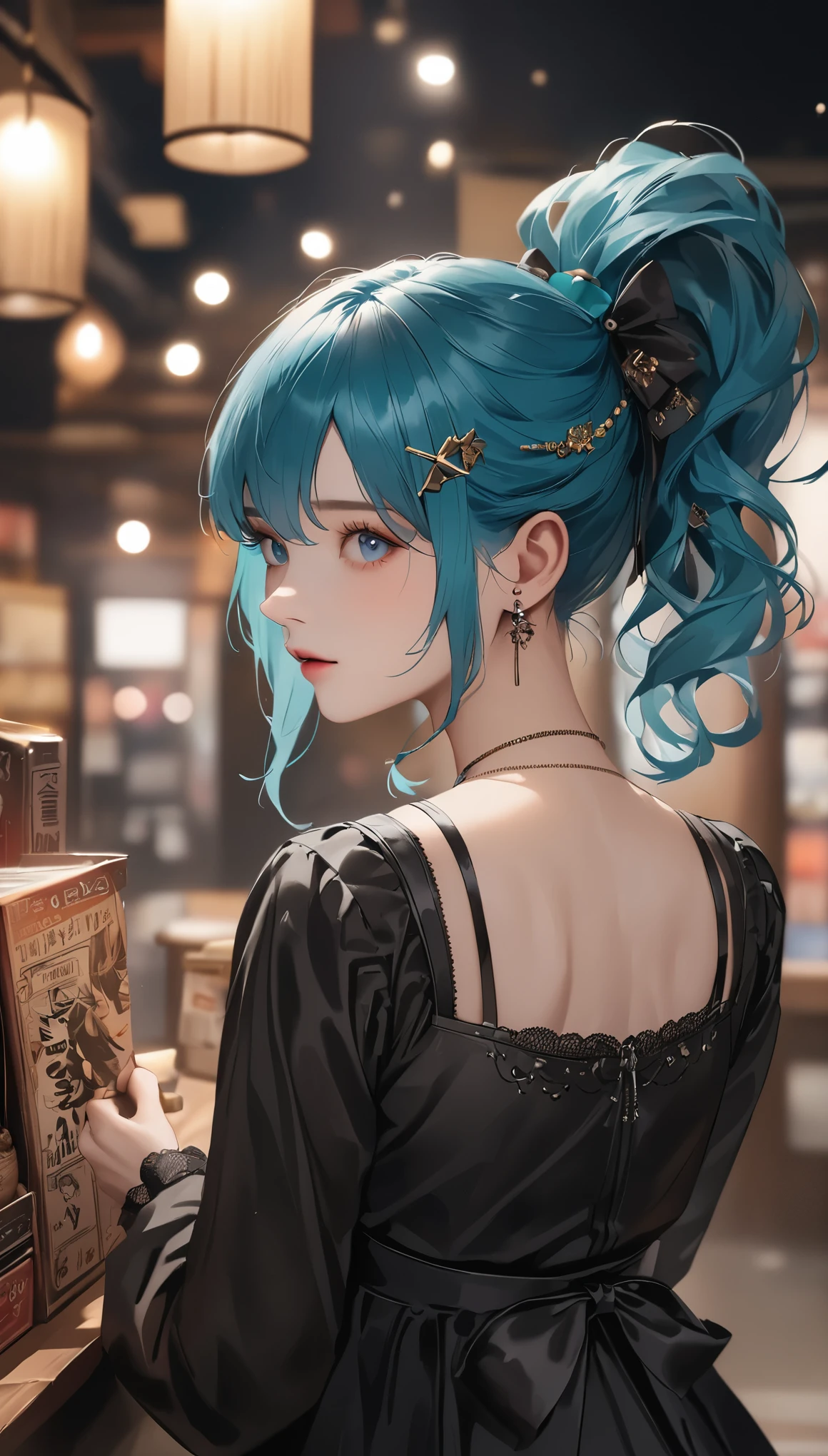 animado調、animado、Niña bonita、hatsune miku、adornos para el cabello、godo_punk、godoic lolita fashion、 1 chica, alone,、de la máxima calidad, Realista, Ilustración súper delicada, Chica hermosa y atractiva, Miku Hatsune, Cuerpo delgado, pelo atado, Una chica, fotos de chicas、 Hermosos ojos azules, miró hacia atrás,Anillos en los pezones de las orejas、adornos para el cabello、joya、Miku Hatsune、foto cruda、obra maestra:1.5、de la máxima calidad、resolución ultra alta、profundidad de campo media、sección de películas、