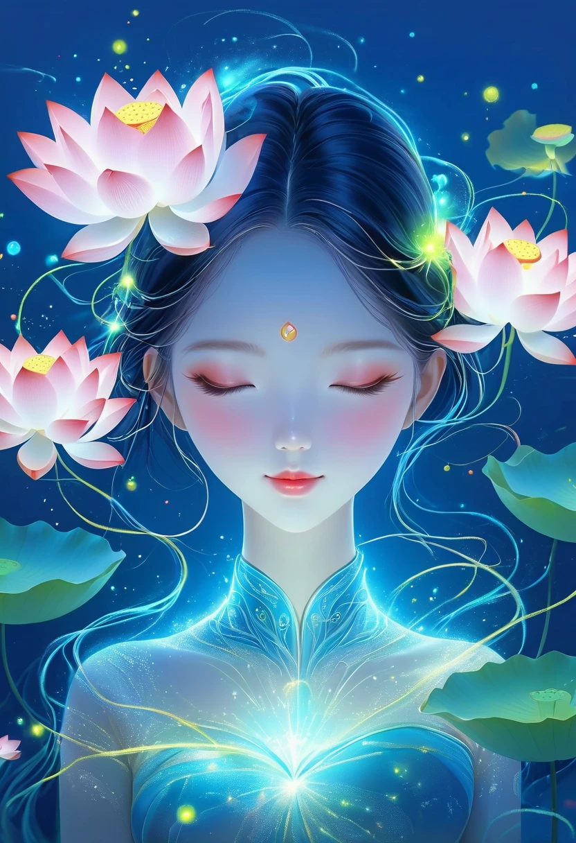 (masterpiece, best quality:1.2), digital art style, charming illustration,Peace pictures，1 girl, Wearing lotus on head，alone，body glow，glowing line，fluorescence,Luminous example，Tracking example，flash，萤light particles，backlight，translucent，light particles，correct human anatomy，