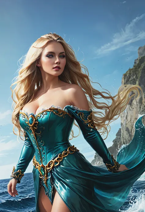 Blonde with long hair, mistress of the seas, full length 
