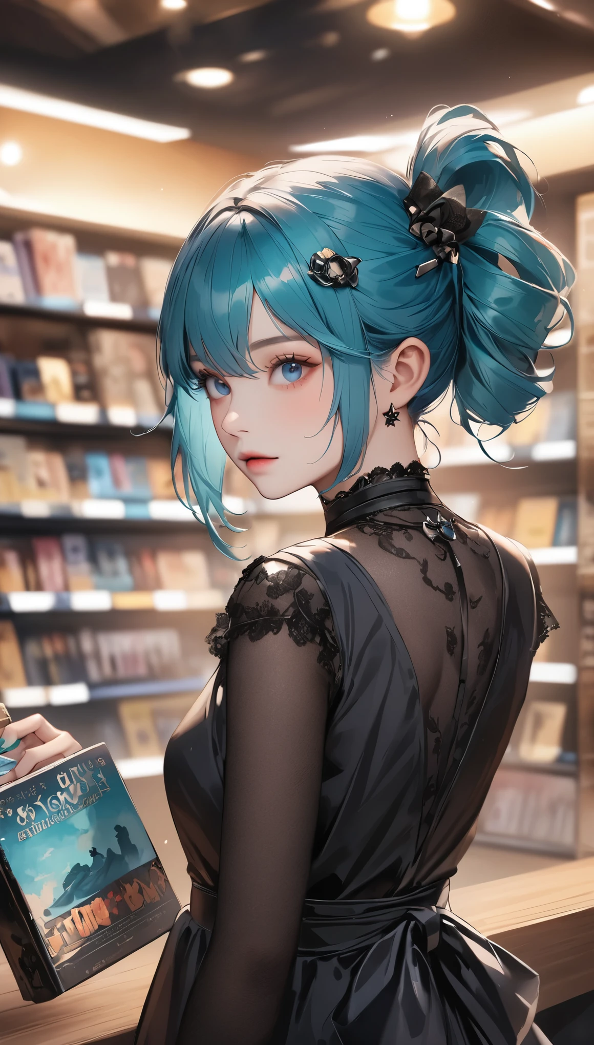 tom de anime、anime、bela menina、Hatsune Miku、enfeites de cabelo、gótico_punk、góticoic lolita fashion、 1 garota, sozinho,、mais alta qualidade, realista, Ilustração super delicada, garota linda e atraente, Miku Hatsune, Corpo esguio, cabelo amarrado, Uma garota, fotos de garotas、 lindos olhos azuis, Olhou para trás、enfeites de cabelo、gem、Miku Hatsune、obra de arte:1.5、mais alta qualidade、ultra alta resolução]、profundidade de campo média、Seção de filmes、