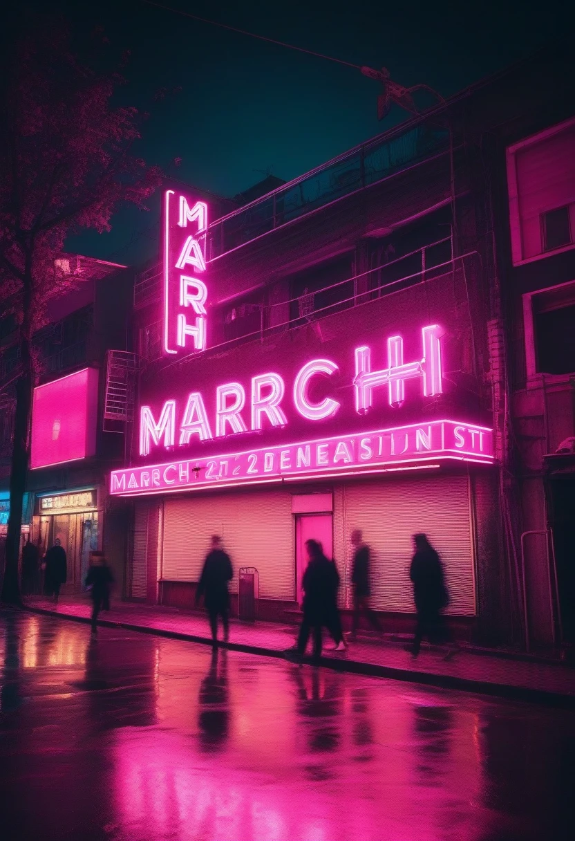 night scenery, Pink Neon Sign, retro, text say "March _ 25th" ,cyberpunk intricate city , (bokeh)