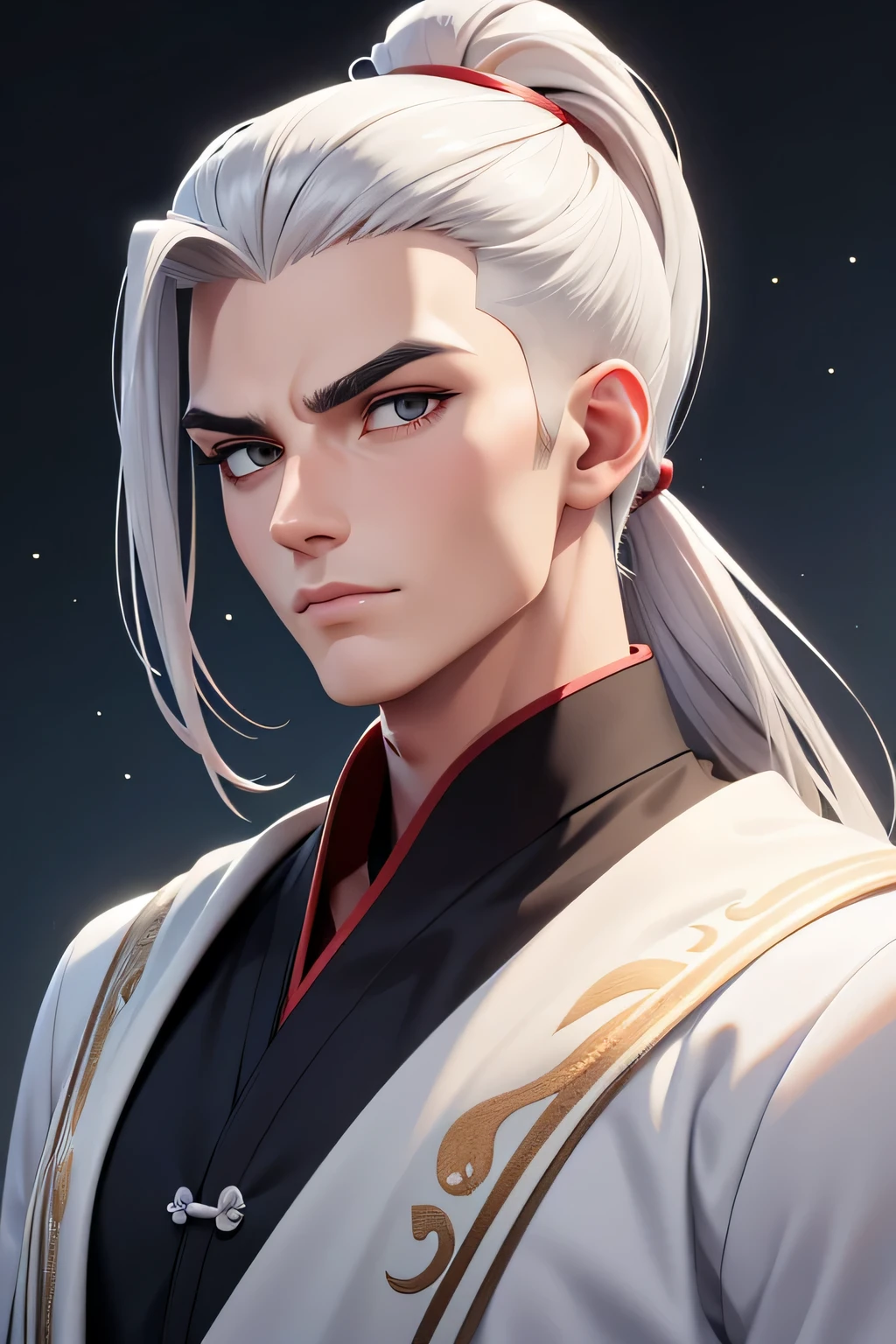 portrait of a young man 17 years old, Thick eyebrows, grey eyes, thin thin lips, exquisite facial features, long white white hair, Gathered in the tail, tender look, white chinese robe, Ancient China, fantasy, Snowy landscape in the background, 3d anime