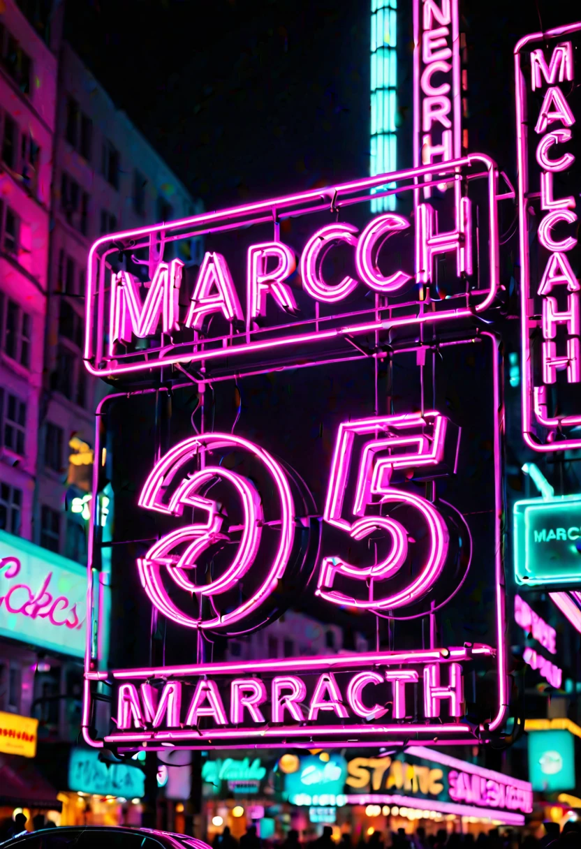 night scenery, Pink Neon Sign, retro, text say "March _ 25th" ,cyberpunk intricate city , (bokeh)