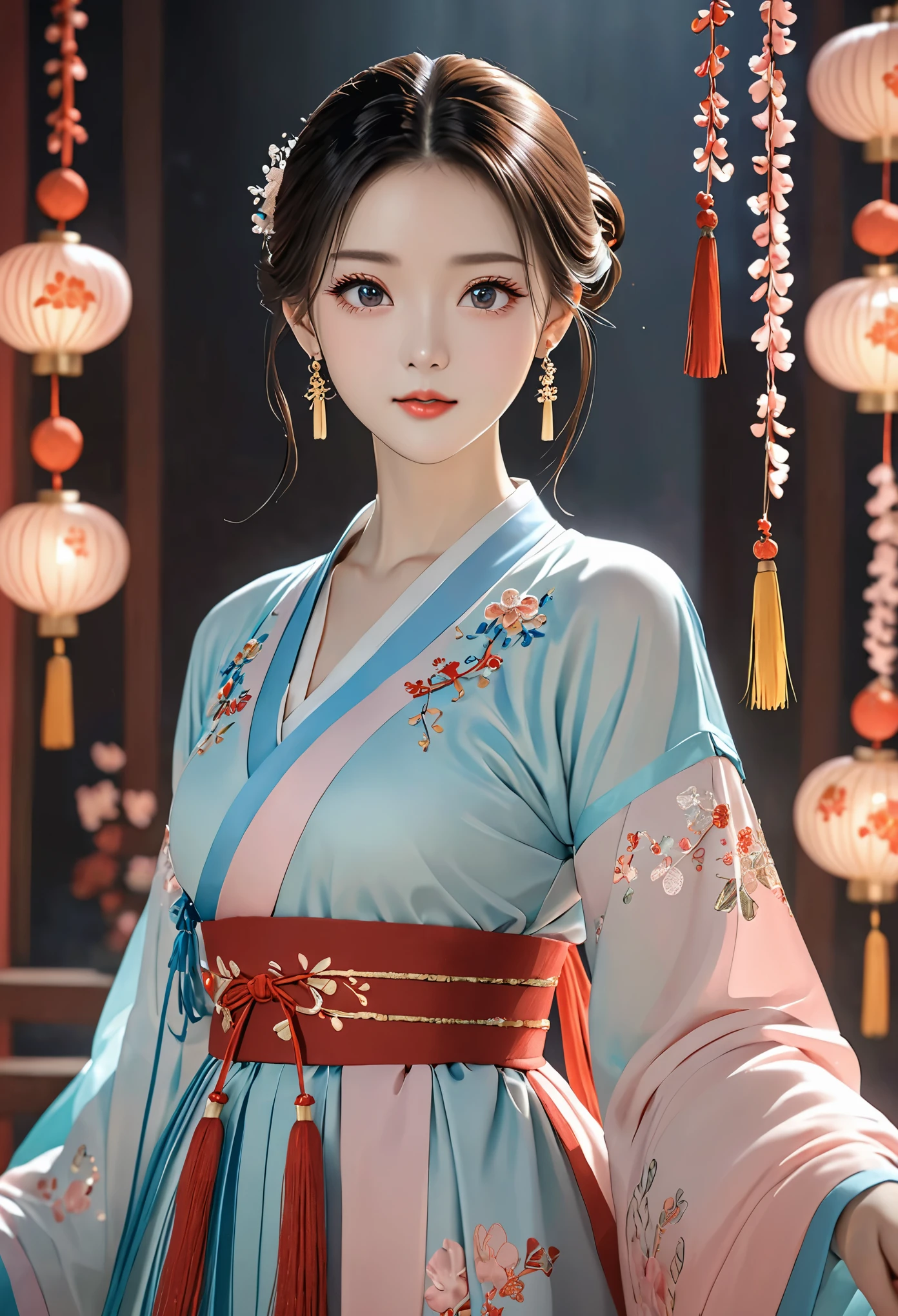 Realistic: 1.3, Masterpiece, Highest Quality, High Resolution, Details: 1.2, 1 Girl, Bun, Hairpin, Beautiful Face, Delicate Eyes, Tassel Earrings, Necklaces, Bracelets, Hanfu, Su Embroidered Hanfu, Streamers, Ribbons, Elegant Stand Posture, Aesthetics, Movie Lighting, Ray Tracing, Depth of Field, Layering,Fluttering, Hanfu, qingsha