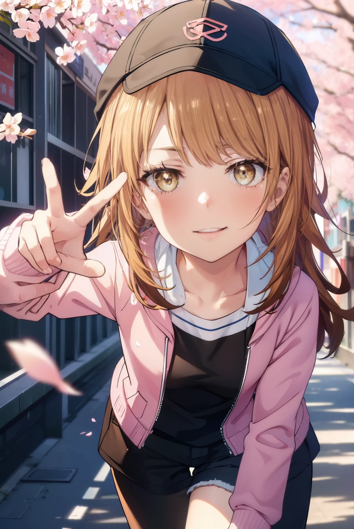 irohaisshiki, iroha isshiki, long hair, brown hair, (brown eyes:1.5), happy smile, smile, open your mouth,Put your hand over your mouth and make a peace sign, 1 girl,towards the camera,pink hoodie　hood up,short denim pants,black tights,short boots,standing alone&#39;my back to the wall、The cherry blossoms have bloomed,Cherry blossoms are scattered,
break indoors, Cherry blossom tree-lined path,
break looking at viewer,Upper body,
break (masterpiece:1.2), highest quality, High resolution, unity 8k wallpaper, (shape:0.8), (fine and beautiful eyes:1.6), highly detailed face, perfect lighting, Very detailed CG, (perfect hands, perfect anatomy),