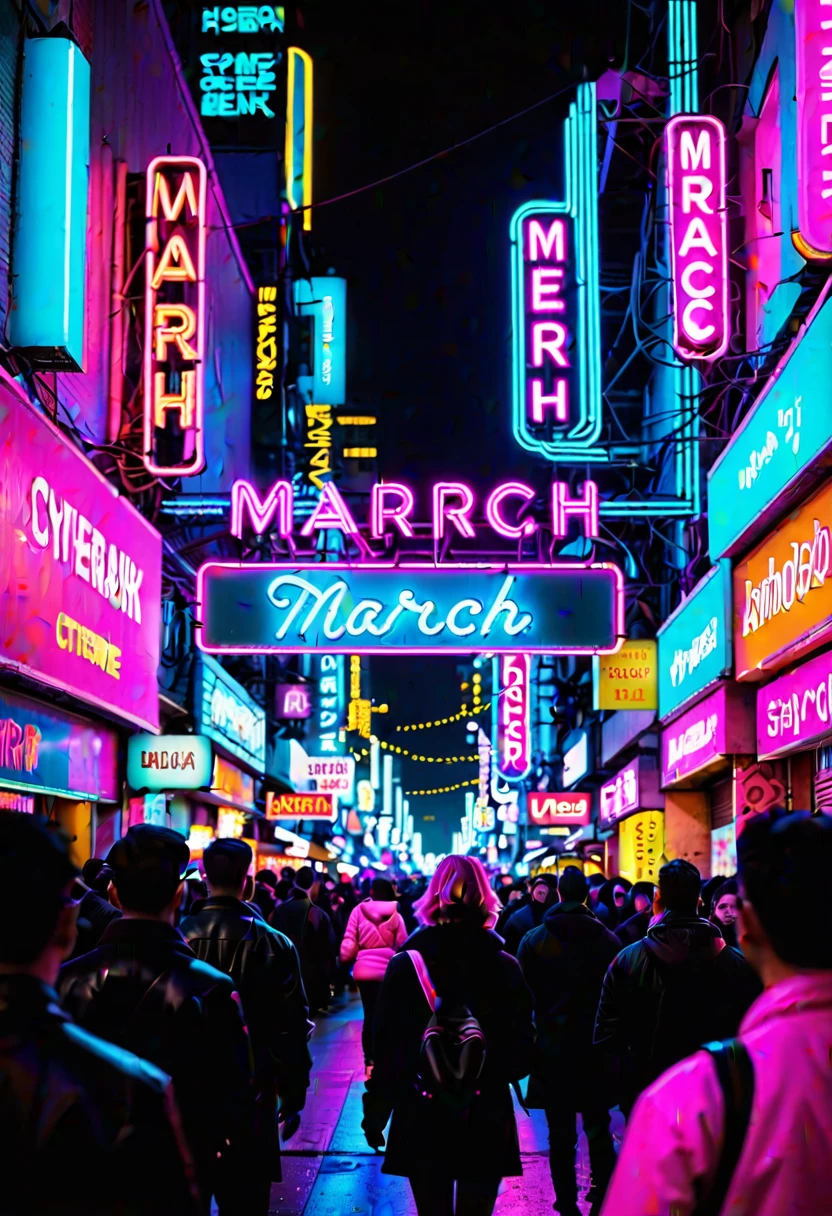 night scenery, Pink Neon Sign, retro, text say "March _ 25th" ,cyberpunk intricate city , (bokeh)