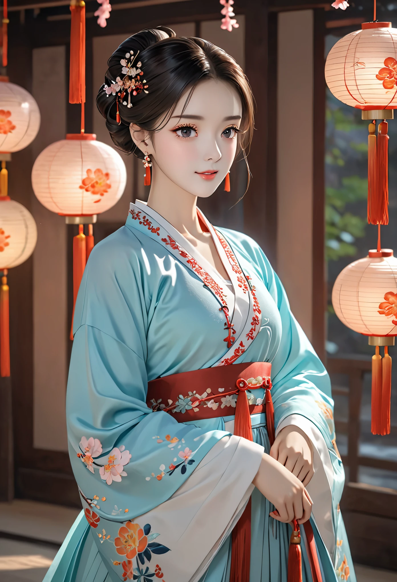 Realistic: 1.3, Masterpiece, Highest Quality, High Resolution, Details: 1.2, 1 Girl, Bun, Hairpin, Beautiful Face, Delicate Eyes, Tassel Earrings, Necklaces, Bracelets, Hanfu, Su Embroidered Hanfu, Streamers, Ribbons, Elegant Stand Posture, Aesthetics, Movie Lighting, Ray Tracing, Depth of Field, Layering,Fluttering, Hanfu, qingsha