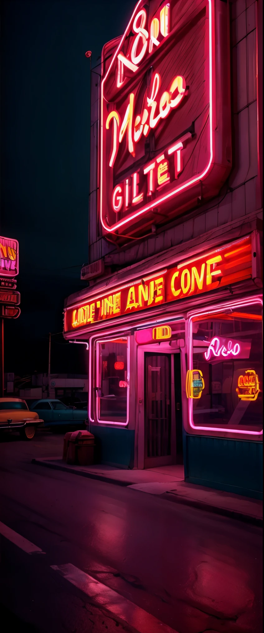 ((masterpiece, highest quality, Highest image quality, High resolution, photorealistic, Raw photo, 8K)), A pink and blue neon sign that stands out in the city at night, arafed view of a motel with a car parked in front of it, with neon signs, by Dave Melvin, route 6 6, neon signs, 1 9 5 0 s americana tourism, some have neon signs, neon lights outside, neon advertisements, gigantic neon signs, neon shops, by Arnie Swekel, few neon signs, neon signs in background, 