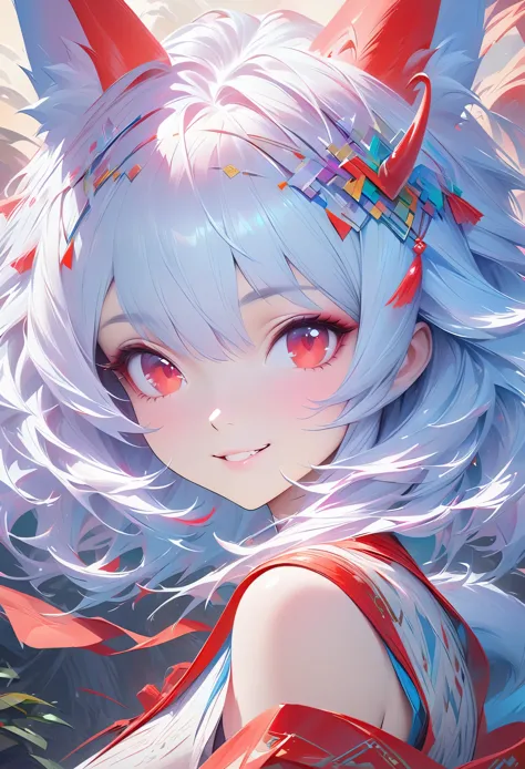 masterpiece portrait of smiling rei ayanami (fox demon), fox tail， caustics, high resolution illustration, red eyes, feminine,, ...