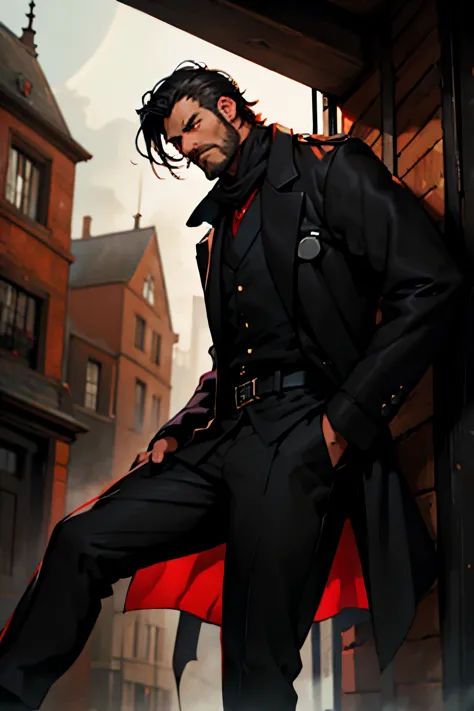 geoffrey mccullum, black hair, crewcut, stubble, rugged, medical coat, black pants, black shirt, dark red cravat, fog, medical a...