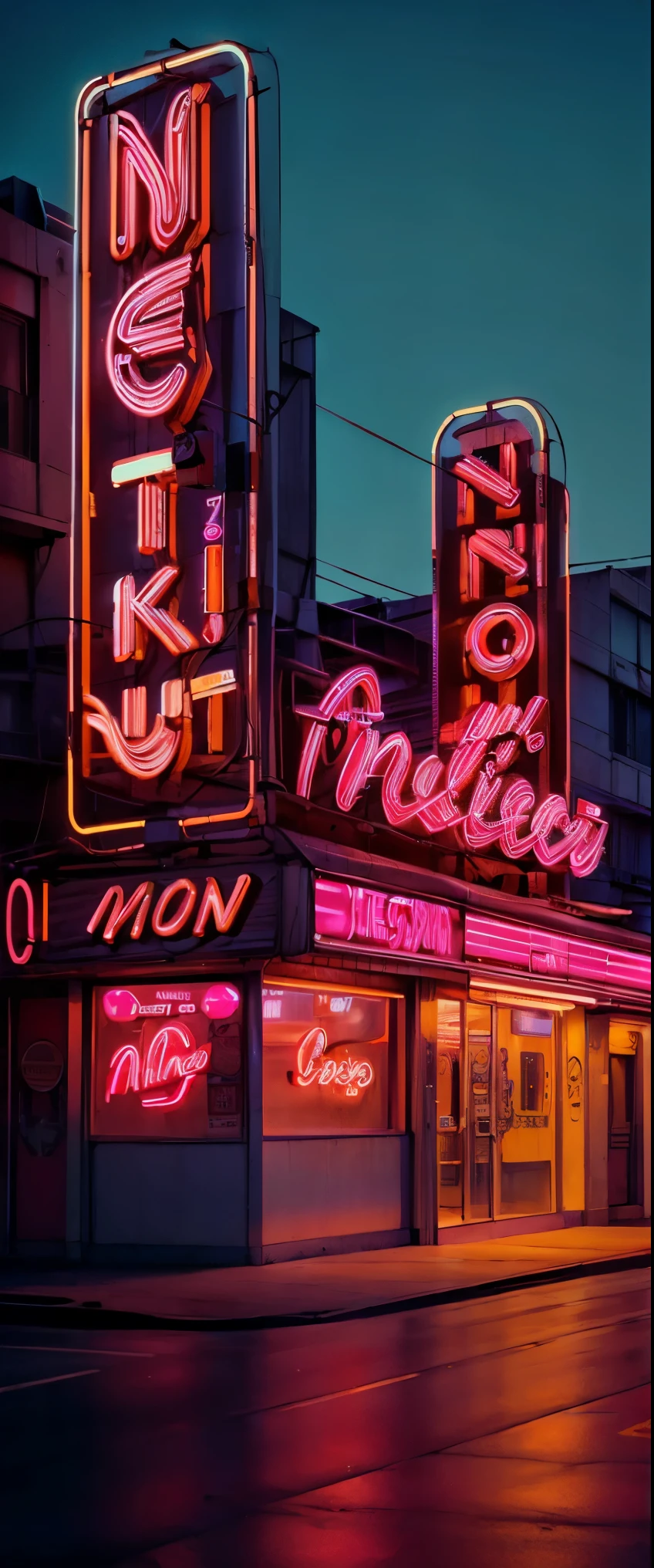 ((masterpiece, highest quality, Highest image quality, High resolution, photorealistic, Raw photo, 8K)), A pink and blue neon sign that stands out in the city at night, arafed view of a motel with a car parked in front of it, with neon signs, by Dave Melvin, route 6 6, neon signs, 1 9 5 0 s americana tourism, some have neon signs, neon lights outside, neon advertisements, gigantic neon signs, neon shops, by Arnie Swekel, few neon signs, neon signs in background, 