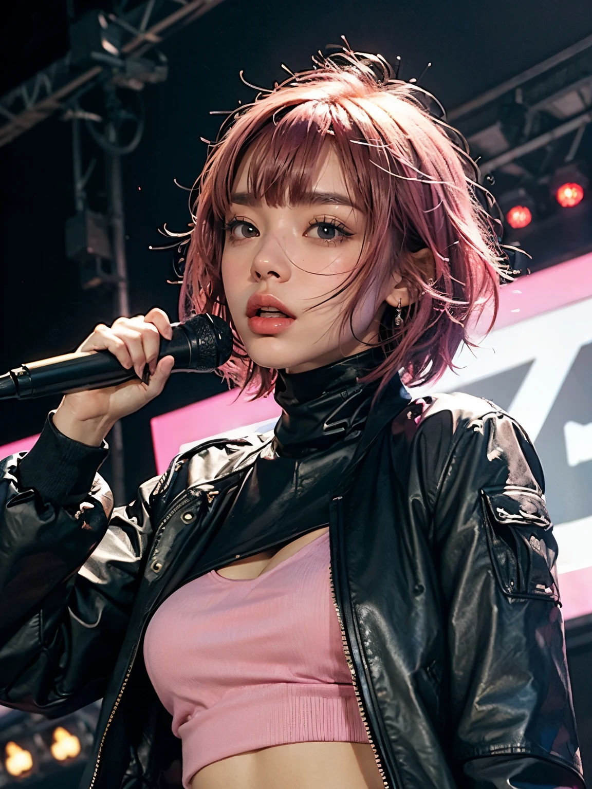 (1 cute girl), (vivid pink hair), bob haircut, blunt bangs,(Front of the face), (extreme close-up), (looking at viewer), (Dynamic angles), (scattered sweat), futuristic cyberpunk cartoon like, ((singing passionately into a stand microphone she grips tightly with both hands)), She's dressed in a white leather turtleneck, layered with a sleek black jacket. She's on stage at a daytime music festival,