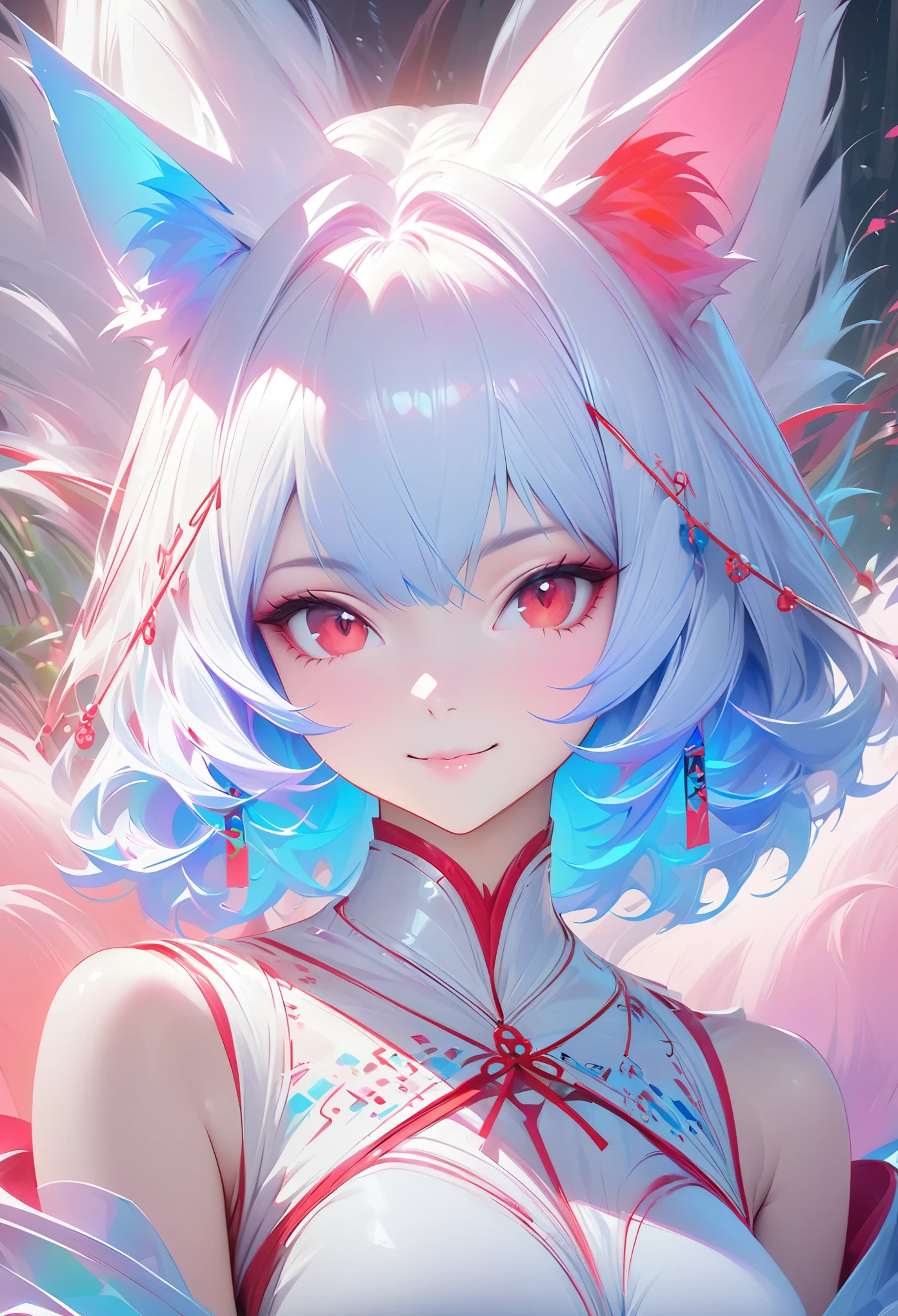 Masterpiece Portrait of Smiling Rei Ayanami (fox demon), fox tail， Caustics, High resolution illustration, Red eyes, feminine,, blue hair,,  Shadow flat illustration, The art of math, Popular topics on ArtStation, Very detailed, fine details, complex,  neon color