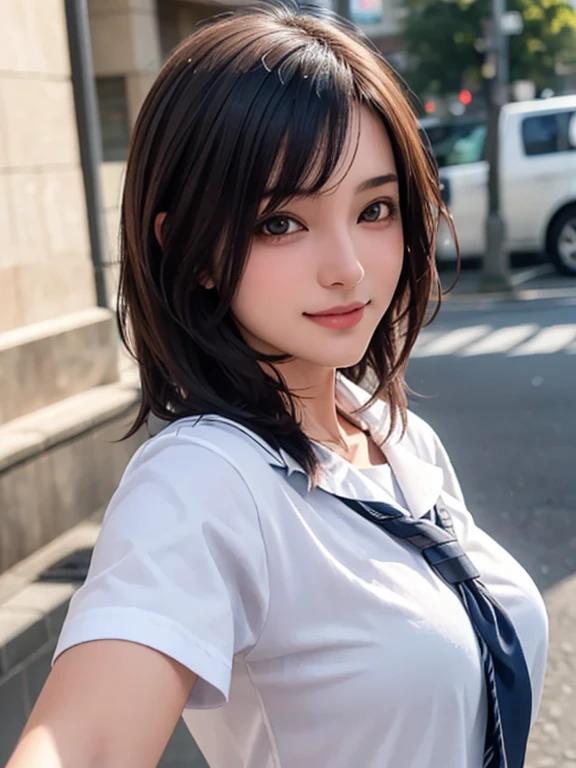 (Photorealistic, masutepiece, Best Quality, Raw photo, selfee:1.3)、1girl in, 18years old,Solo, Long hair, Brown hair, Detailed face, alluring face, Detailed beautiful eyes,(serafuku :1.3), (coverd nipples:0.9),medium breasts,sideboob, Dynamic Pose, (Looking at Viewer, front view,eyes focus:1.2), Detailed background, fine detailed, intricate detailes,  Ray tracing, depth of fields, seductive smile