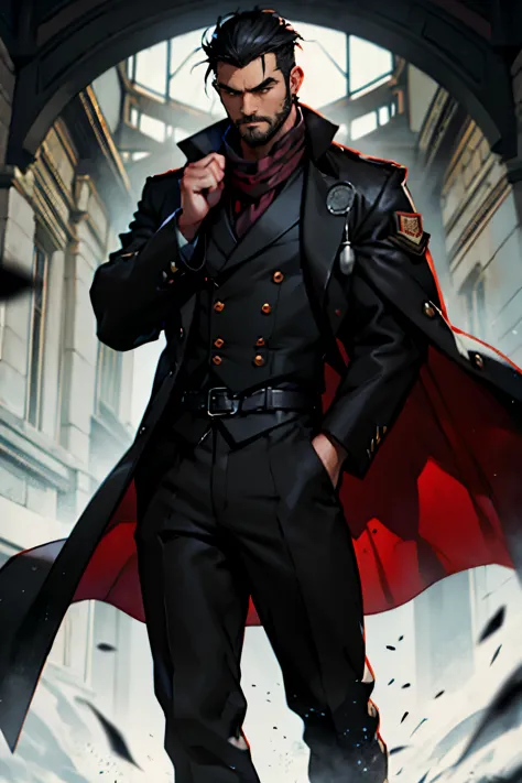 geoffrey mccullum, black hair, crewcut, stubble, rugged, medical coat, black pants, black shirt, dark red cravat, fog, medical a...