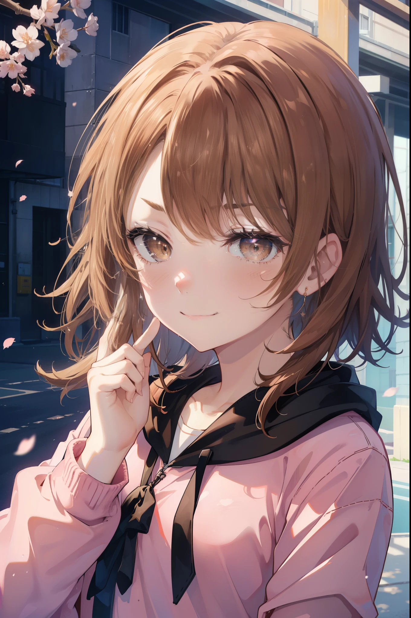 irohaisshiki, iroha isshiki, long hair, brown hair, (brown eyes:1.5), happy smile, smile, open your mouth,Put your hand over your mouth and make a peace sign, 1 girl,towards the camera,pink hoodie,short denim pants,black tights,short boots,standing alone&#39;my back to the wall、The cherry blossoms have bloomed,Cherry blossoms are scattered,
break indoors, Cherry blossom tree-lined path,
break looking at viewer,Upper body,
break (masterpiece:1.2), highest quality, High resolution, unity 8k wallpaper, (shape:0.8), (fine and beautiful eyes:1.6), highly detailed face, perfect lighting, Very detailed CG, (perfect hands, perfect anatomy),