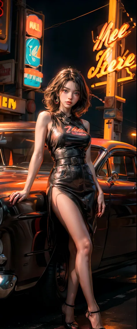 ((masterpiece, highest quality, Highest image quality, High resolution, photorealistic, Raw photo, 8K)), arafed view of a motel with a car parked in front of it, with neon signs, A woman waiting for a guest in front of a motel, seduction, short dress with ...