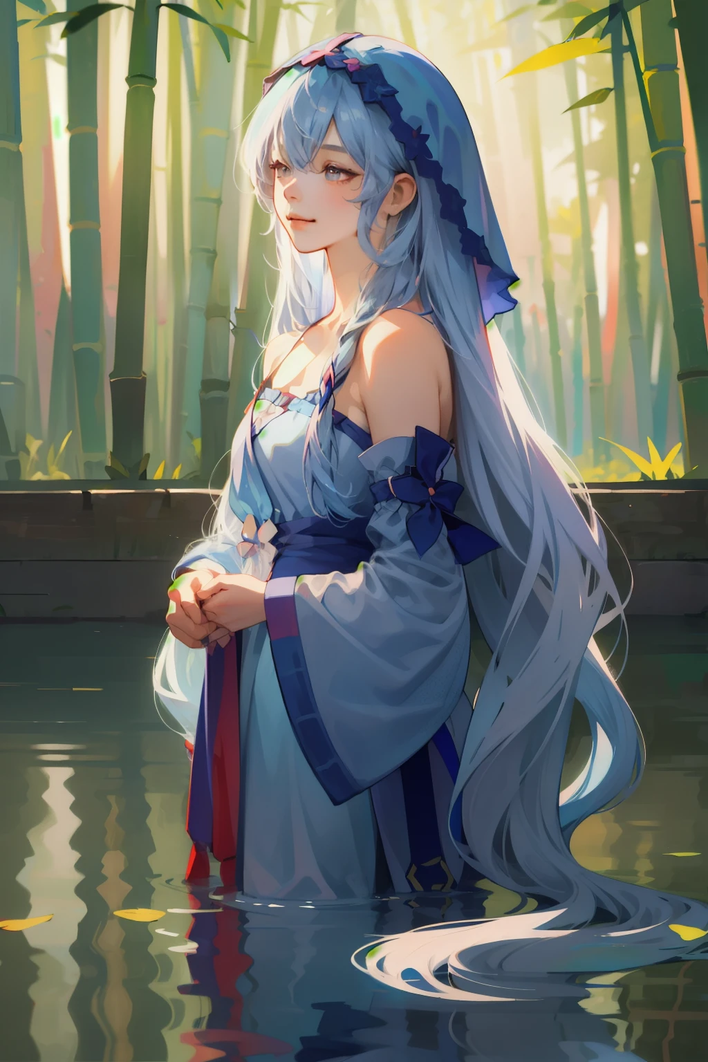 Masterpiece, Best Quality, Official Art, 8k Wallpaper, Very Detailed, Illustration, 1 Girl, Sky Blue Hair, Long Hair, Detailed Eyes, Forrest Gump, Bare Shoulders, Hanfu, Lake, Pure, Soft Smile, bamboo, tea