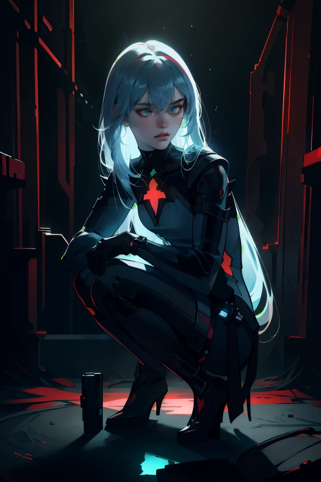 (grainy:0.5), cinematic,girl, space, serious, detailed eyes, detailed face, detailed futuristic clothes, lights in clothes, (aiming gun:1.1), (hiding:1.1), (squatting, looking to side:1.1), volumetric lighting, isolation, horror, dark lighting, red bioluminescent details, green bioluminescent details, blue bioluminescent details