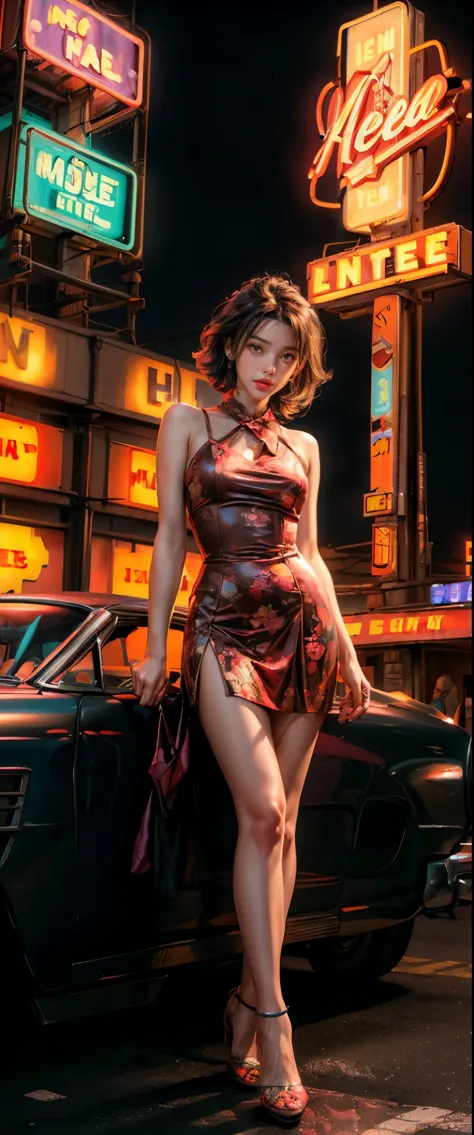 ((masterpiece, highest quality, Highest image quality, High resolution, photorealistic, Raw photo, 8K)), arafed view of a motel with a car parked in front of it, with neon signs, A woman waiting for a guest in front of a motel, seduction, short dress and h...