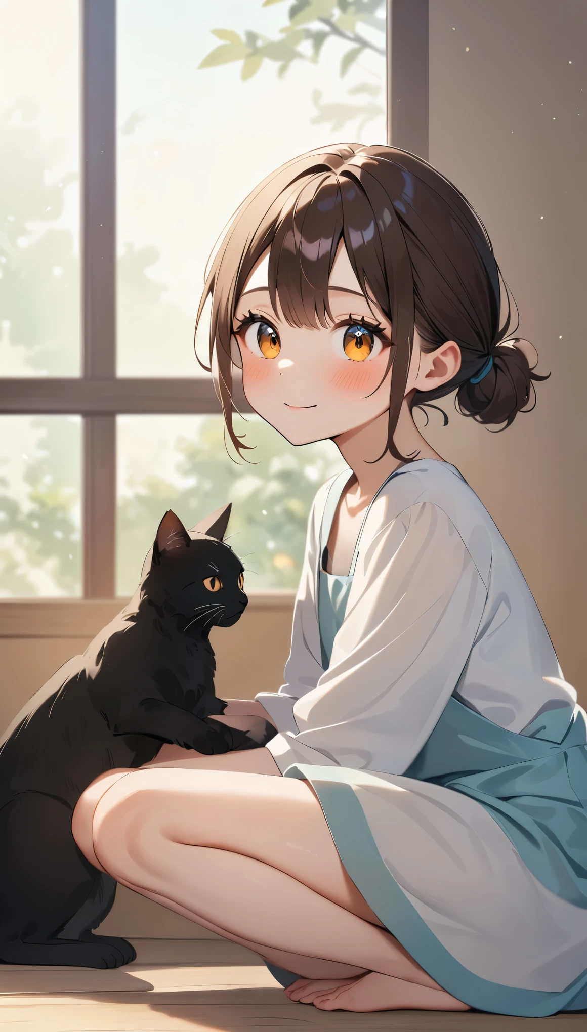 highest quality、Black catを抱く女の子、cute 14 year old girl、Bun hair with brown hair tied、Black cat、natural look、long shot、Natural light