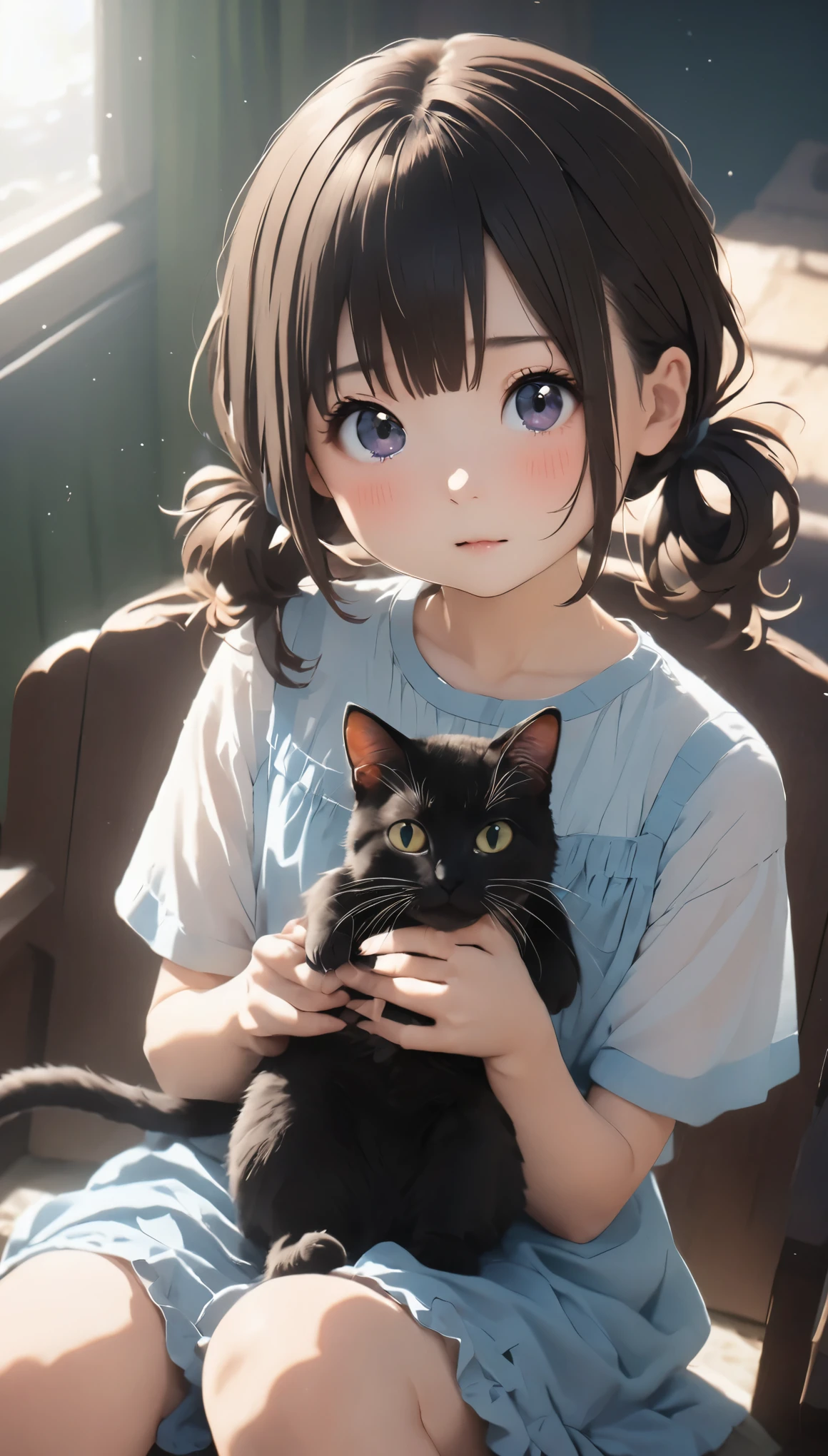 highest quality、Black catを抱く女の子、cute 14 year old girl、Bun hair with brown hair tied、Black cat、natural look、long shot、Natural light