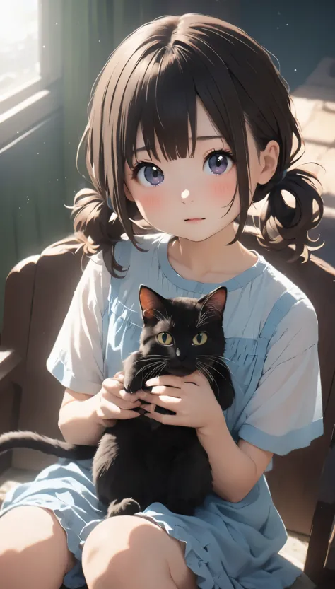 highest quality、black catを抱く女の子、cute 14 year old girl、bun hair with brown hair tied、black cat、natural look、long shot、natural lig...