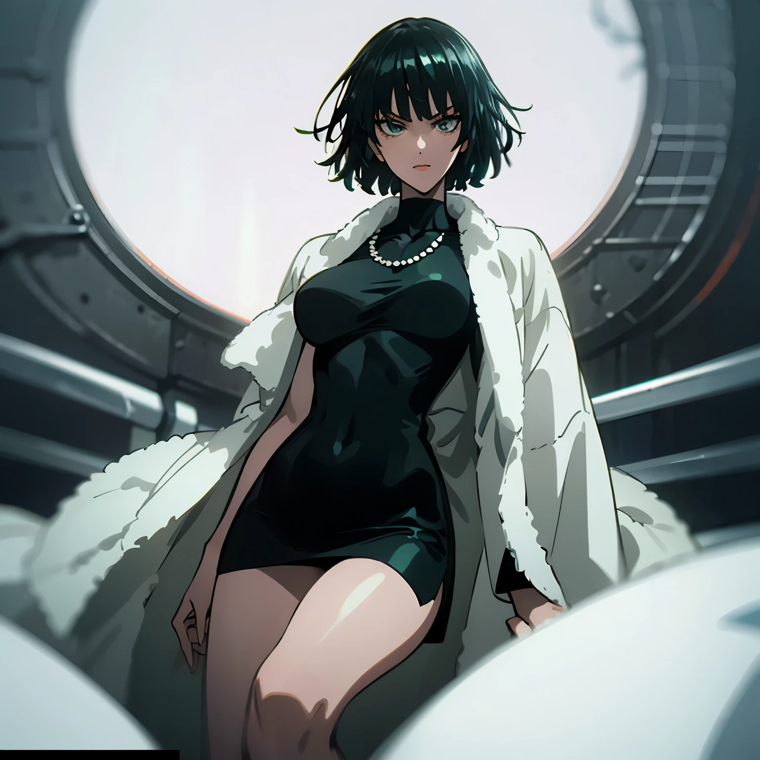 Green Fringe Bob Hairstyle for Women, Wearing a white fur-lined robe, Wearing a V-neck black turtleneck dress, wearing a pearl necklace, dominant posture, seductive smile, alone, alone, alone, (alone)(alone)，(Hell Snow from One Punch Man), Thick thighs, Powerful imagery, Extremist, detailed, Unreal Engine 5, Raise your legs high, colorful, Tokyo, short hair, 比基尼, sunken thighs, Sexy figure, (detailed) (wallpaper) (movie lighting) (sharp focus) (Complex), raw, villain pose, bad posture, neferpitou, knave, Succubus in tight skirt, posture, High quality color sketch, Blow blow, gangster anime girl, Threat Posture , alone, Thick thighs , 4K, 8k，White background，


