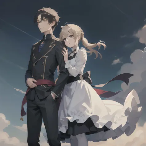 1girl and 1boy (violet, Gilbert, from violet evergarden) (masterpiece, high quality) She has a slim build of medium height and fair skin; her face is a little narrow and elongated, with large blue eyes and thick dark lashes. The blonde hair ends on her hip...