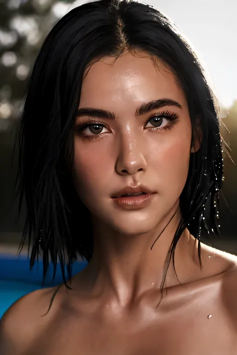 Photorealistic woman, detailed short messy black hair, full body shot, Detailed skin, detailed body, muscular, solo, wearing bla...
