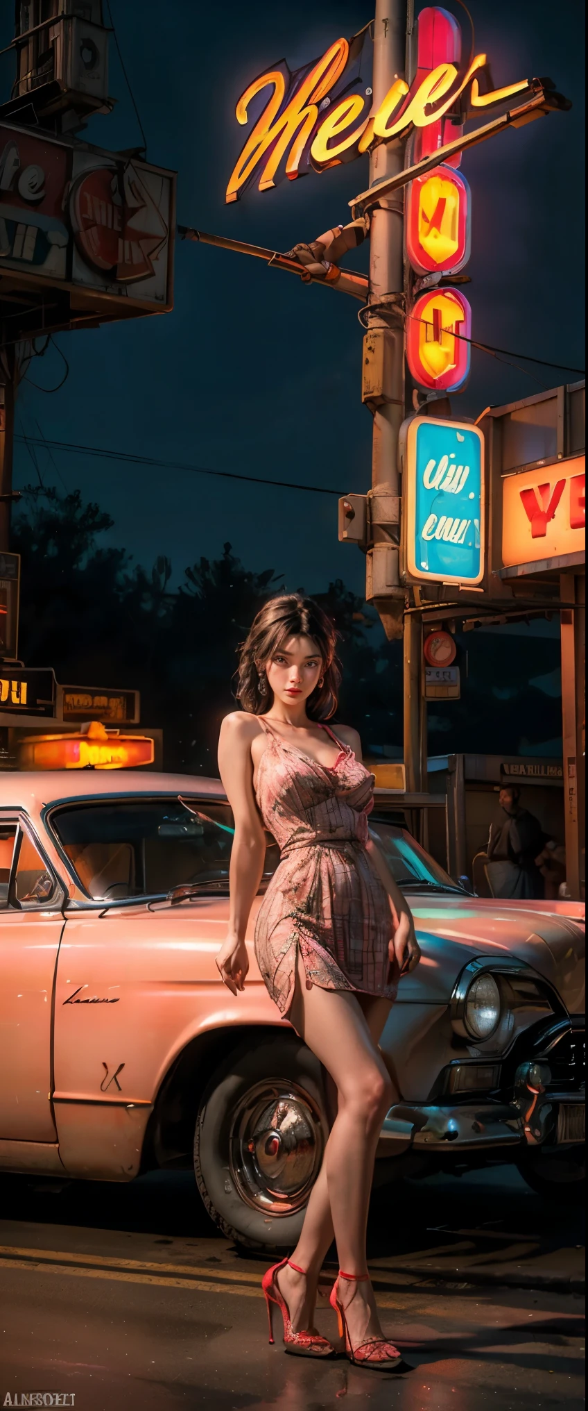 ((masterpiece, highest quality, Highest image quality, High resolution, photorealistic, Raw photo, 8K)), arafed view of a motel with a car parked in front of it, with neon signs, A woman waiting for a guest in front of a motel, seduction, short dress and high heels, route 6 6, neon signs, 1 9 5 0 s americana tourism, some have neon signs, neon lights outside, neon advertisements, gigantic neon signs, neon shops, by Arnie Swekel, few neon signs, neon signs in background,