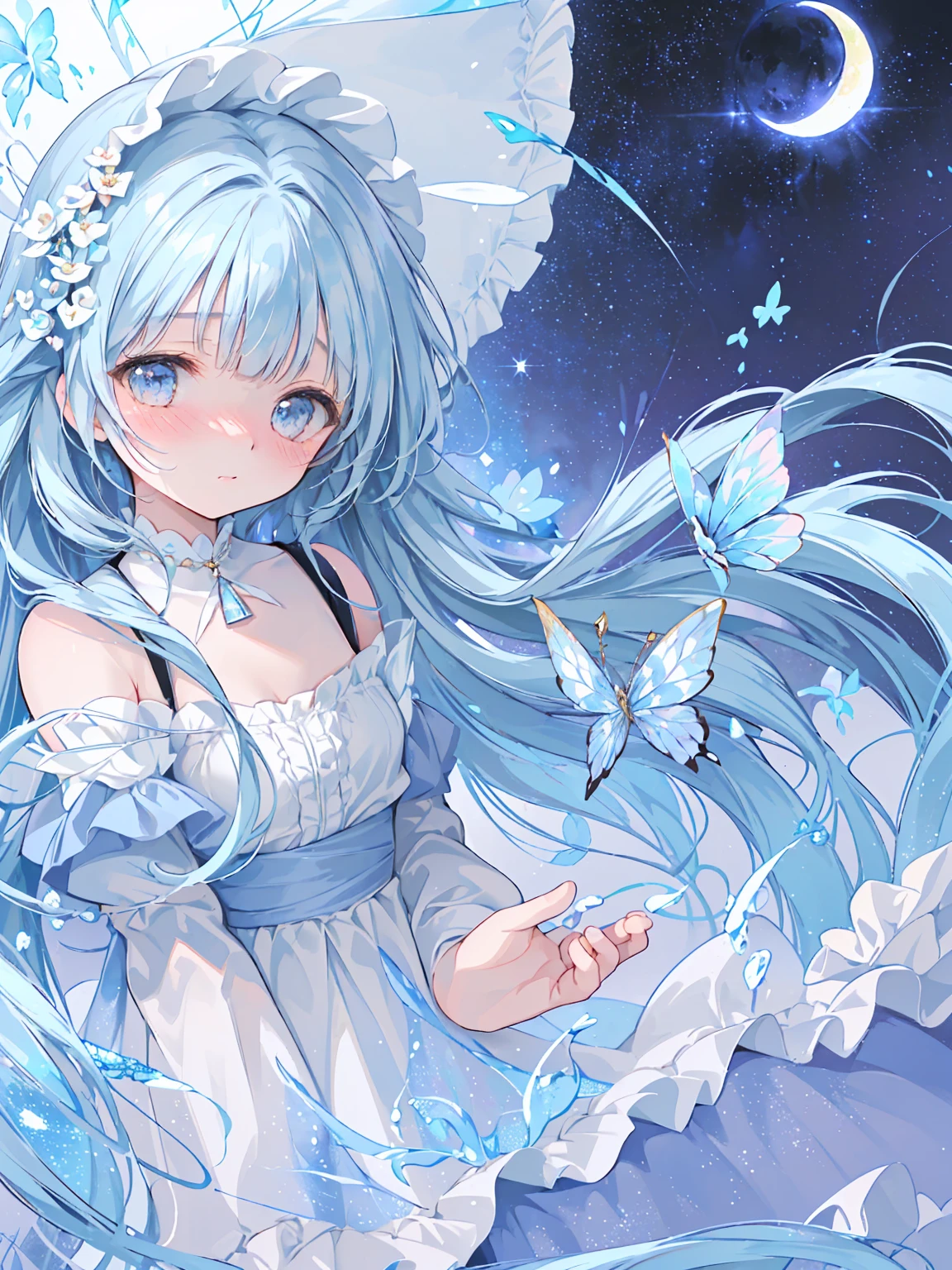 masterpiece, best quality, extremely detailed, (illustration, official art:1.1), 1 girl ,(((( light blue long hair)))), light blue hair, ,10 years old, long hair ((blush)) , cute face, big eyes, masterpiece, best quality,(((((a very delicate and beautiful girl))))),Amazing,beautiful detailed eyes,blunt bangs((((little delicate girl)))),tareme(true beautiful:1.2), sense of depth,dynamic angle,affectionate smile, (true beautiful:1.2),,(tiny 1girl model:1.2),(flat chest)), 
Soft Focus , (Bright gradient watercolor :1.5, Lens Flare:1.5 , Glitter :1.5), Glow , Dreamy Grid illusion, Colorful, girl、((extremely detailed eye:1.5)),ace Zoom:1.5,,(((​masterpiece、top-quality、top-quality、watercolor paiting)))(Curly)、The night sky, the bright starry sky, the misty moon and the Milky Way, floating butterflies, twinkling stars, willows dancing, a forest quietly surrounded.