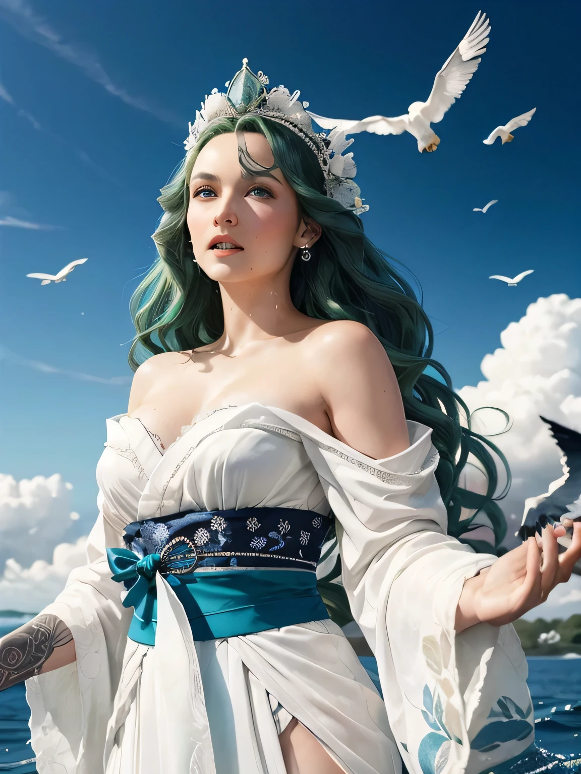 Green hair, very very long wavy hair, hair strands, super details, 1girl, flowy white strapless dress, wide sleeves open kimono, surrounded by high tides, flying birds, water splashing, queen, frills-trimmed, intricate luxurious headpiece, blue eyes, victorian era, medium shot, blue sky with dramatic clouds on background....