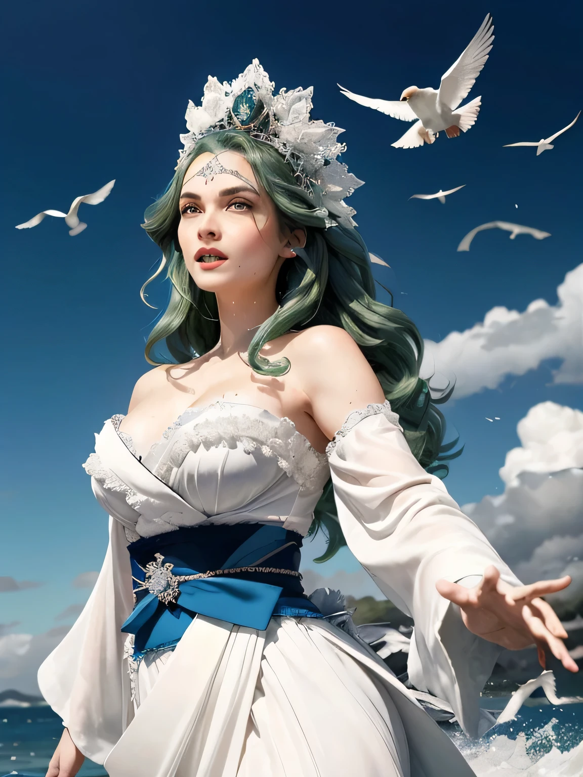 Green hair, very very long wavy hair, hair strands, super details, 1girl, flowy white strapless dress, wide sleeves open kimono, surrounded by high tides, flying birds, water splashing, queen, frills-trimmed, intricate luxurious headpiece, blue eyes, victorian era, medium shot, blue sky with dramatic clouds on background....