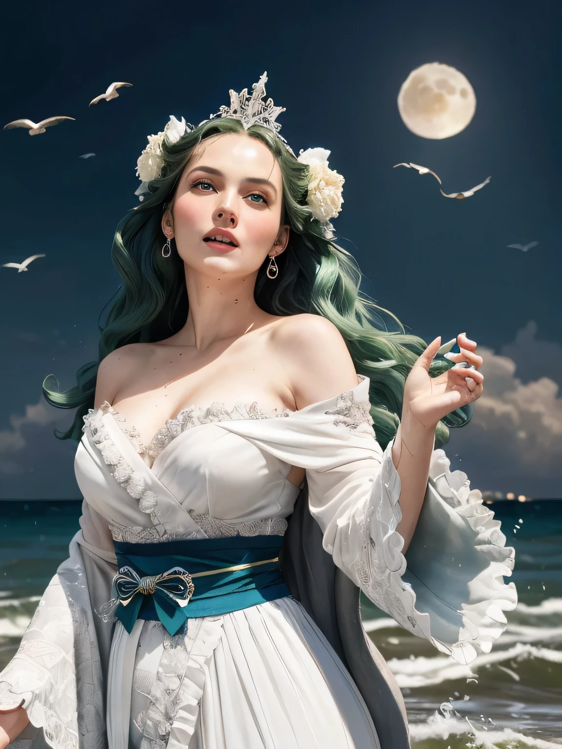 Green hair, very very long wavy hair, hair strands, super details, 1girl, flowy white strapless dress, wide sleeves open kimono, surrounded by high tides, (super moon:1.2), flying birds, water splashing, queen, frills-trimmed, intricate luxurious headpiece, blue eyes, victorian era, 