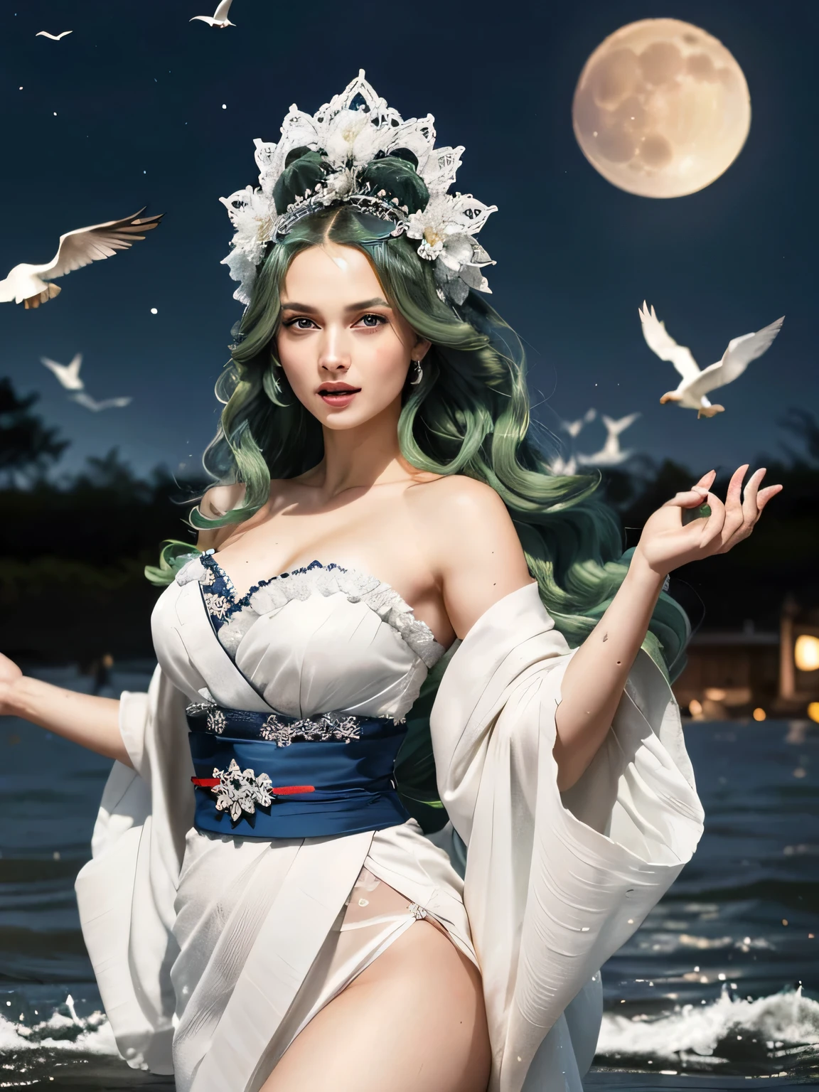 Green hair, very very long wavy hair, hair strands, super details, 1girl, flowy white strapless dress, wide sleeves open kimono, surrounded by high tides, (super moon:1.2), flying birds, water splashing, queen, frills-trimmed, intricate luxurious headpiece, blue eyes, victorian era, 