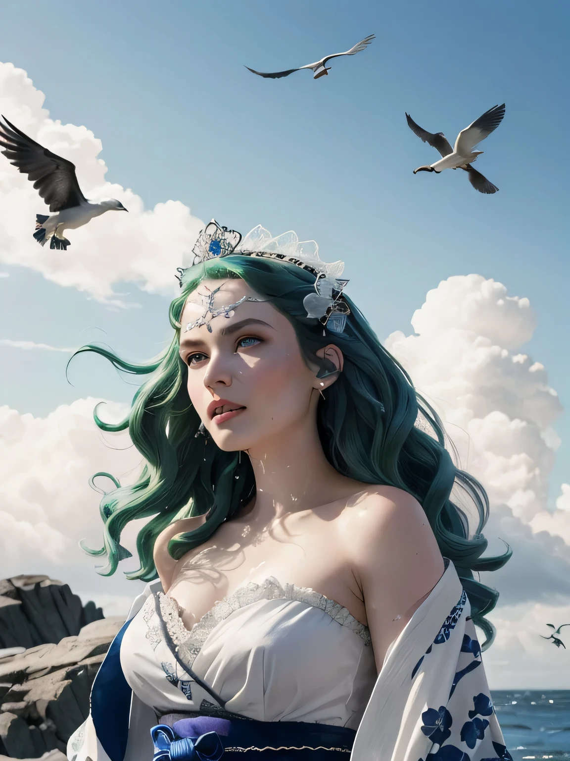 Green hair, very very long wavy hair, hair strands, super details, 1girl, flowy white strapless dress, wide sleeves open kimono, high tides, flying birds, water splashing, queen, frills-trimmed, intricate luxurious headpiece, blue eyes, victorian era, medium shot, blue sky on sunny day with dramatic clouds on background....