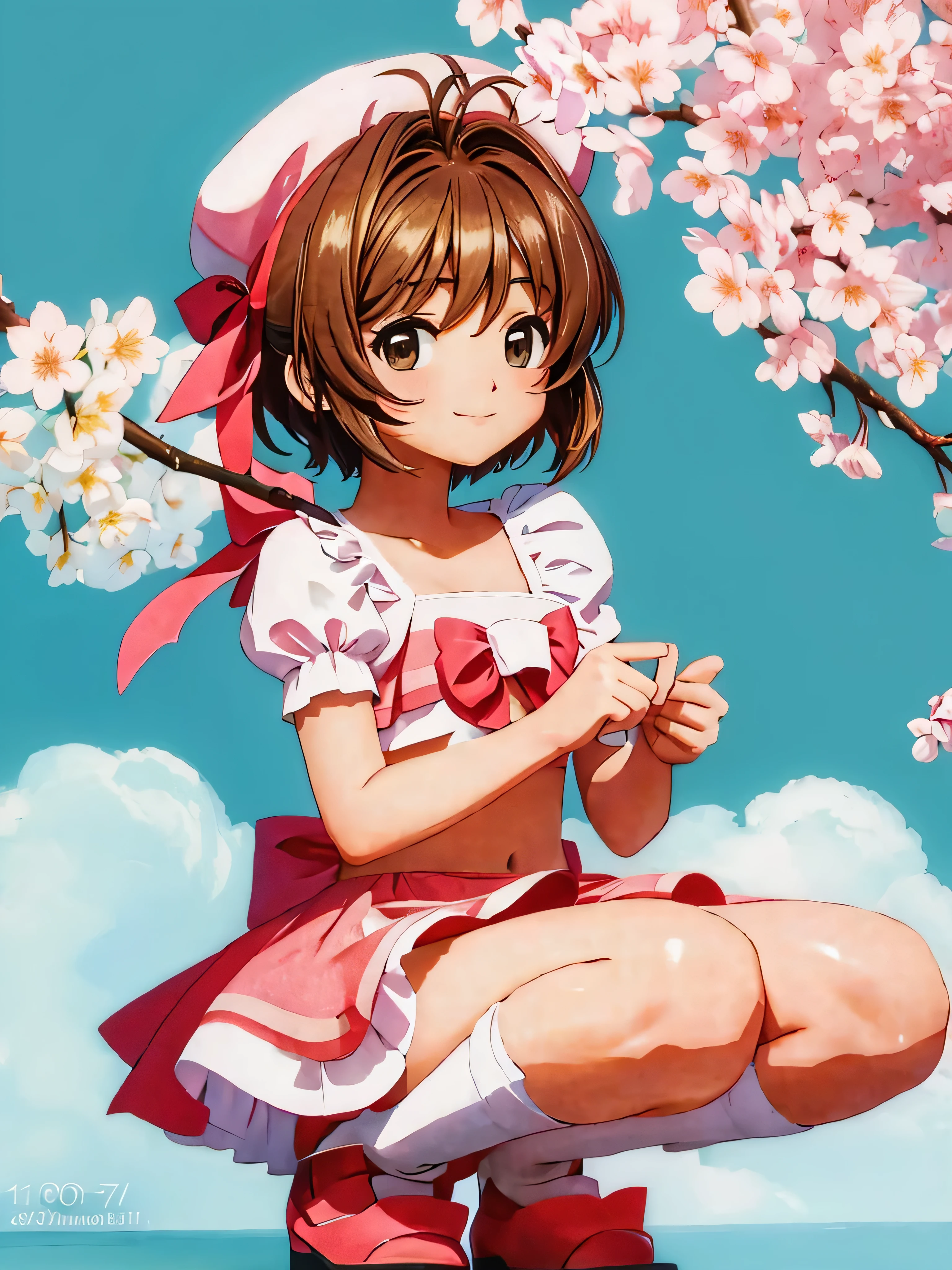 (photograph:1.3), high detail, cardcaptor_cherry blossoms, smile, (masterpiece, highest quality, be familiar with:1.3), short hair, Wearing a ruffled bikini, flat chest, squat, software