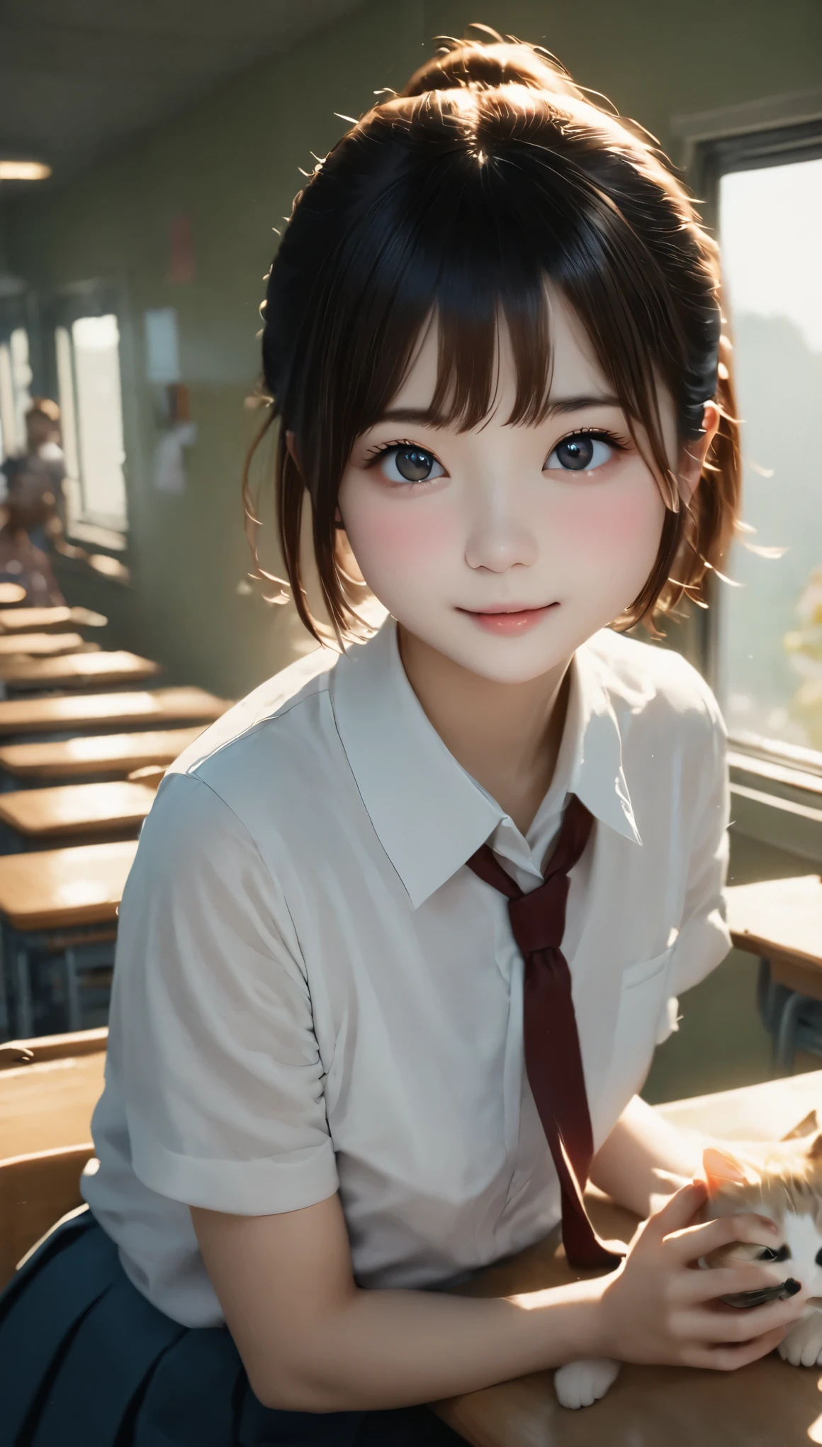 (table top, highest quality:1.2), 8K, 18-year-old, 85mm, official art, Raw photo, absurd, white dress shirt, cute face, close, Upper body, viola lace, gardenia, beautiful girl, (dark red tie:1.1)、(navy pleated skirt:1.1), Cinch West, thighs, short sleeve, classroom, ponytail、short hair、short hair、Sitting on a bench seat and holding a cat,High school girl holding cat、 looking at the viewer, no makeup, (smile:0.4), film grain, chromatic aberration, sharp focus, face light, clear lighting, teen, detailed face,Cute little surreal cat、scottish fold、a bit、adorable fluffy、cinematic lighting effects、attractive、cute and quirky、fantasy art、Bokeh、soft lighting、4K resolution、 photorealistic rendering、very detailed、realistic masterpiece、professional photography、 ((背景のBokeh,日本の学校のclassroom、classroom、cherry tree seen from the window))、