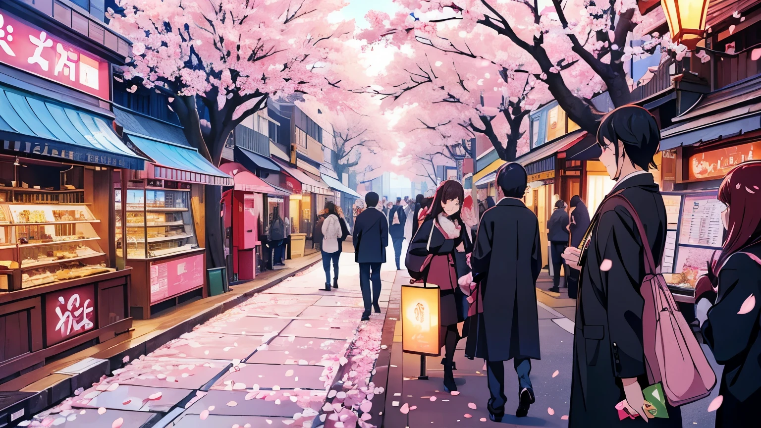 Cherry blossoms blooming in a modern city, bright colors, Noisy street, city lights, cherry blossom petals, floating in the air, capital city skyline, Crowd of people,  architecture, romantic atmosphere, Cityscape at dusk, cherry blossom petalsが舞い散る, like confetti, modern skyscrapers, street, Cherry blossoms lined up, Bright neon sign,  Life, Cherry blossom petals cover the sidewalk, Combination of traditional and modern elements, Busy intersections, Cherry tree, illuminated by street lamps, energetic atmosphere, Cherry blossom festival in the city center, Vibrant nightLife, A harmonious combination of nature and city, Cherry blossom petals swaying in the wind,  oasis, decorated with cherry blossoms, international atmosphere, A street vendor selling cherry blossom-themed products.