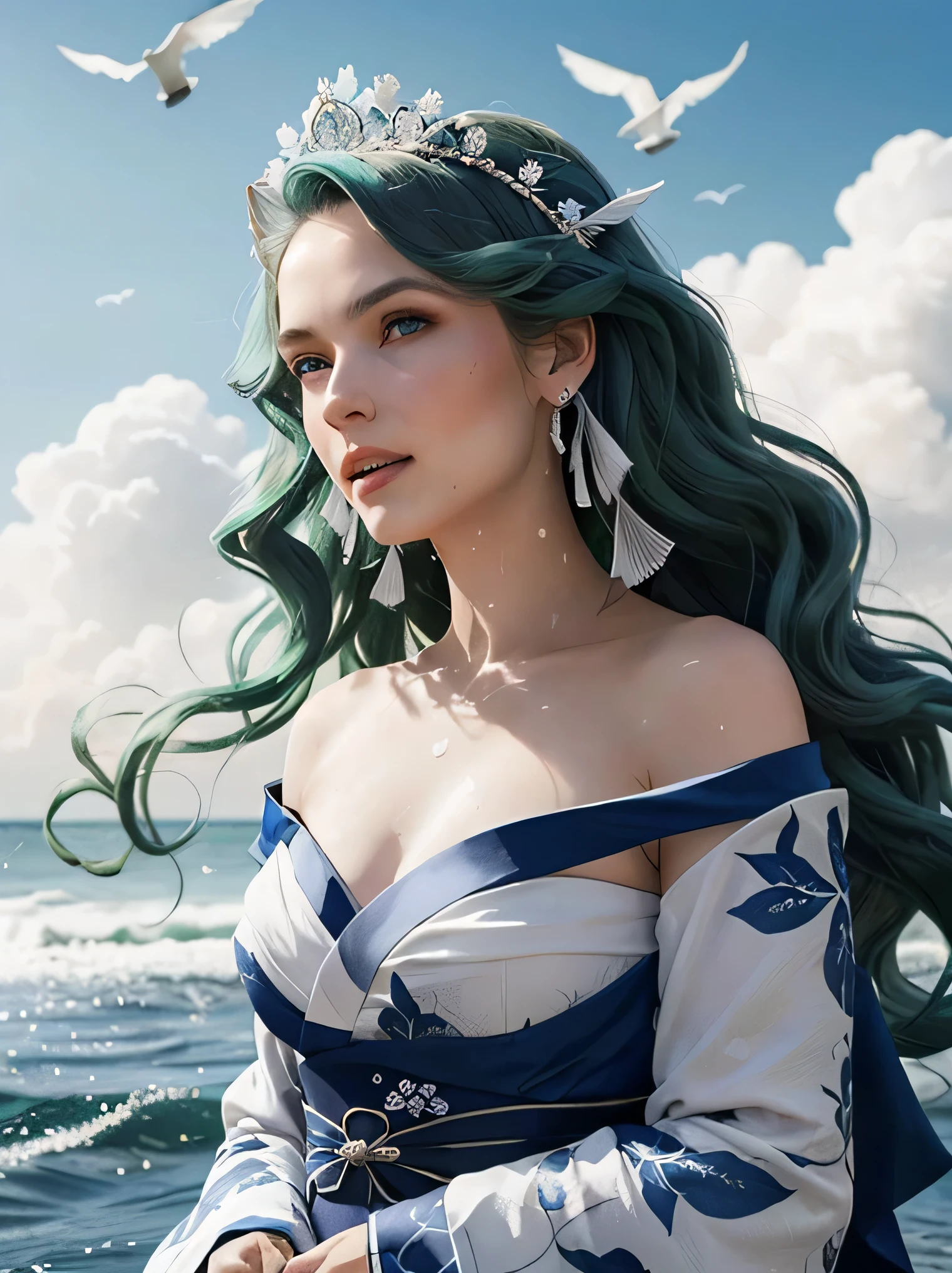 Green hair, very very long wavy hair, hair strands, super details, 1girl, flowy white strapless dress, wide sleeves open kimono, high tides, flying birds, water splashing, queen, frills-trimmed, intricate luxurious headpiece, blue eyes, victorian era, medium shot, blue sky on sunny day with dramatic clouds on background....