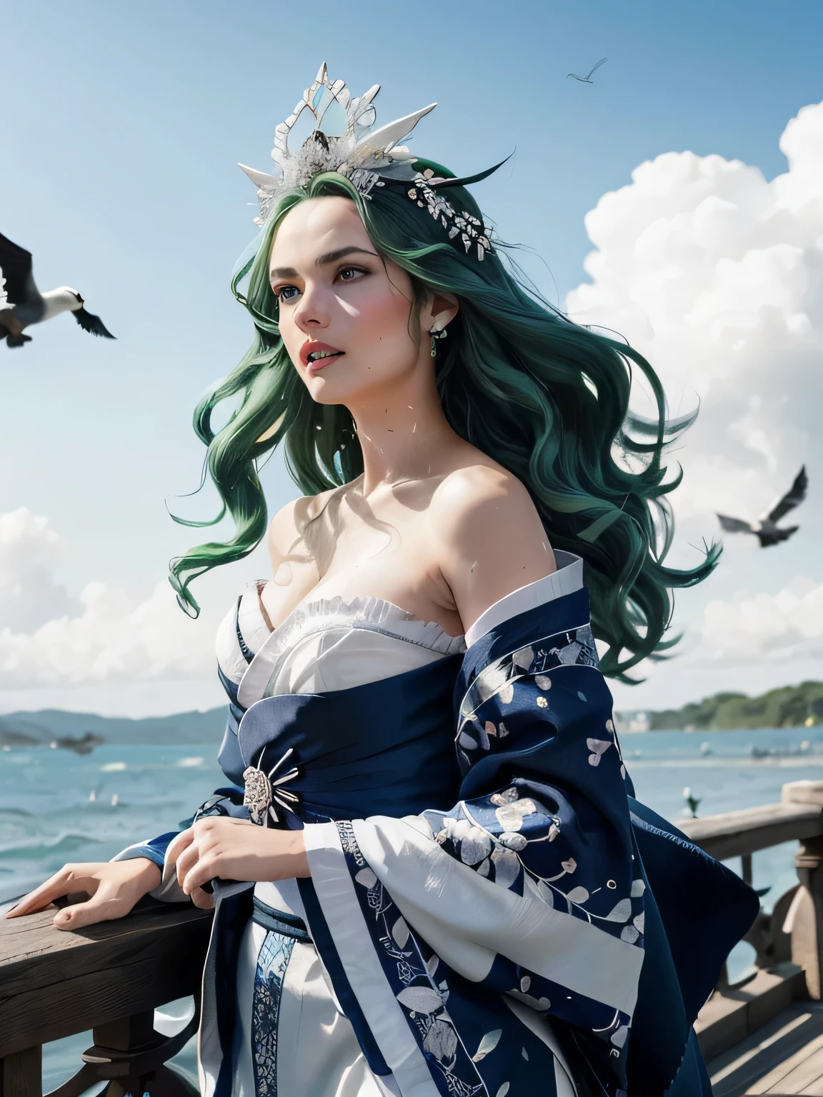 Green hair, very very long wavy hair, hair strands, super details, 1girl, flowy white strapless dress, wide sleeves open kimono, high tides, flying birds, water splashing, queen, frills-trimmed, intricate luxurious headpiece, blue eyes, victorian era, medium shot, blue sky on sunny day with dramatic clouds on background....