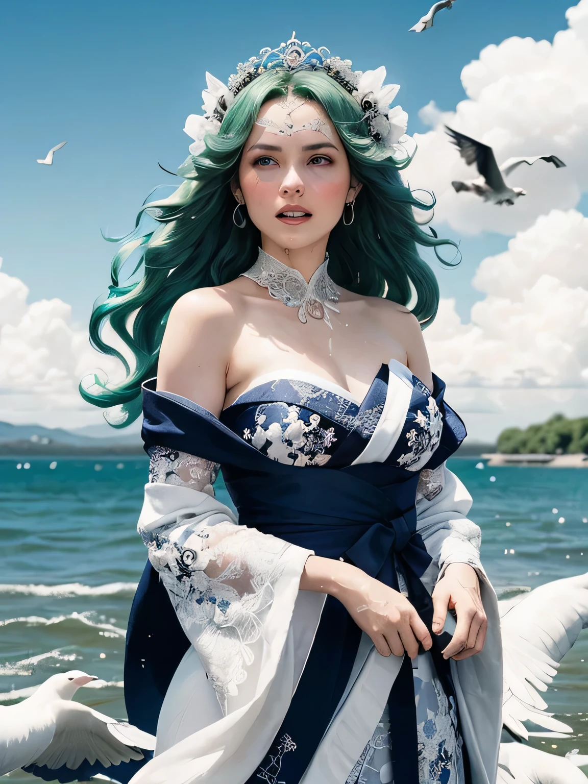 Green hair, very very long wavy hair, hair strands, super details, 1girl, flowy white strapless dress, wide sleeves open kimono, high tides, flying birds, water splashing, queen, frills-trimmed, intricate luxurious headpiece, blue eyes, victorian era, medium shot, blue sky on sunny day with dramatic clouds on background....